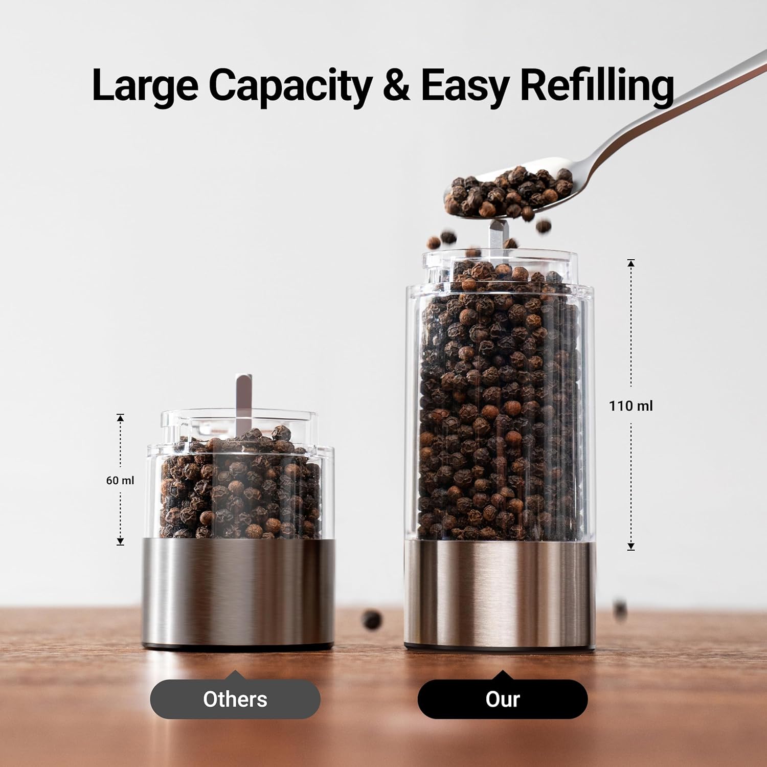 Demonstrates the product's superior capacity and ease of use compared to competitors, highlighting its larger size and convenient refilling feature.
