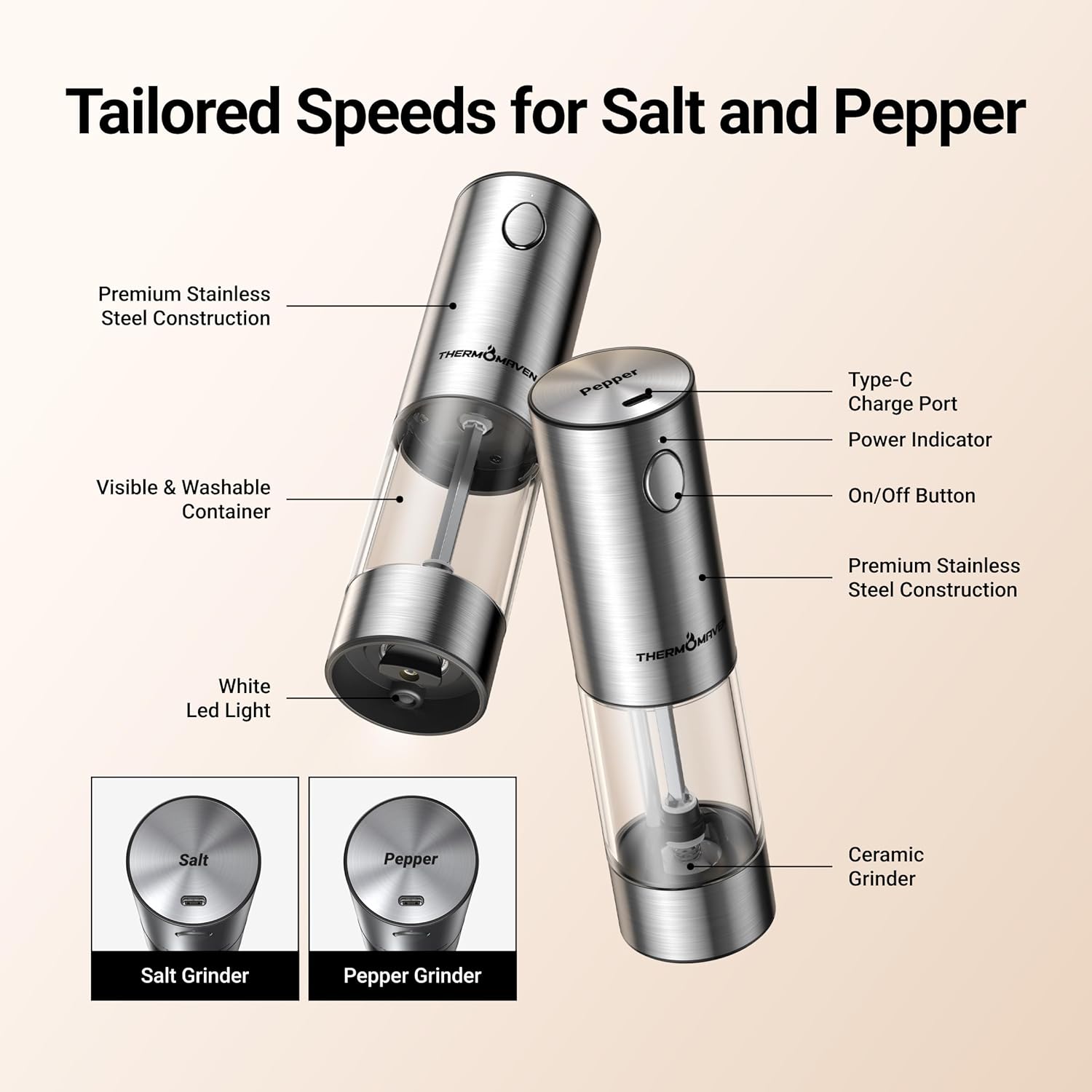 Highlights the key components and features of the electric salt and pepper grinders to showcase their functionality and quality construction.