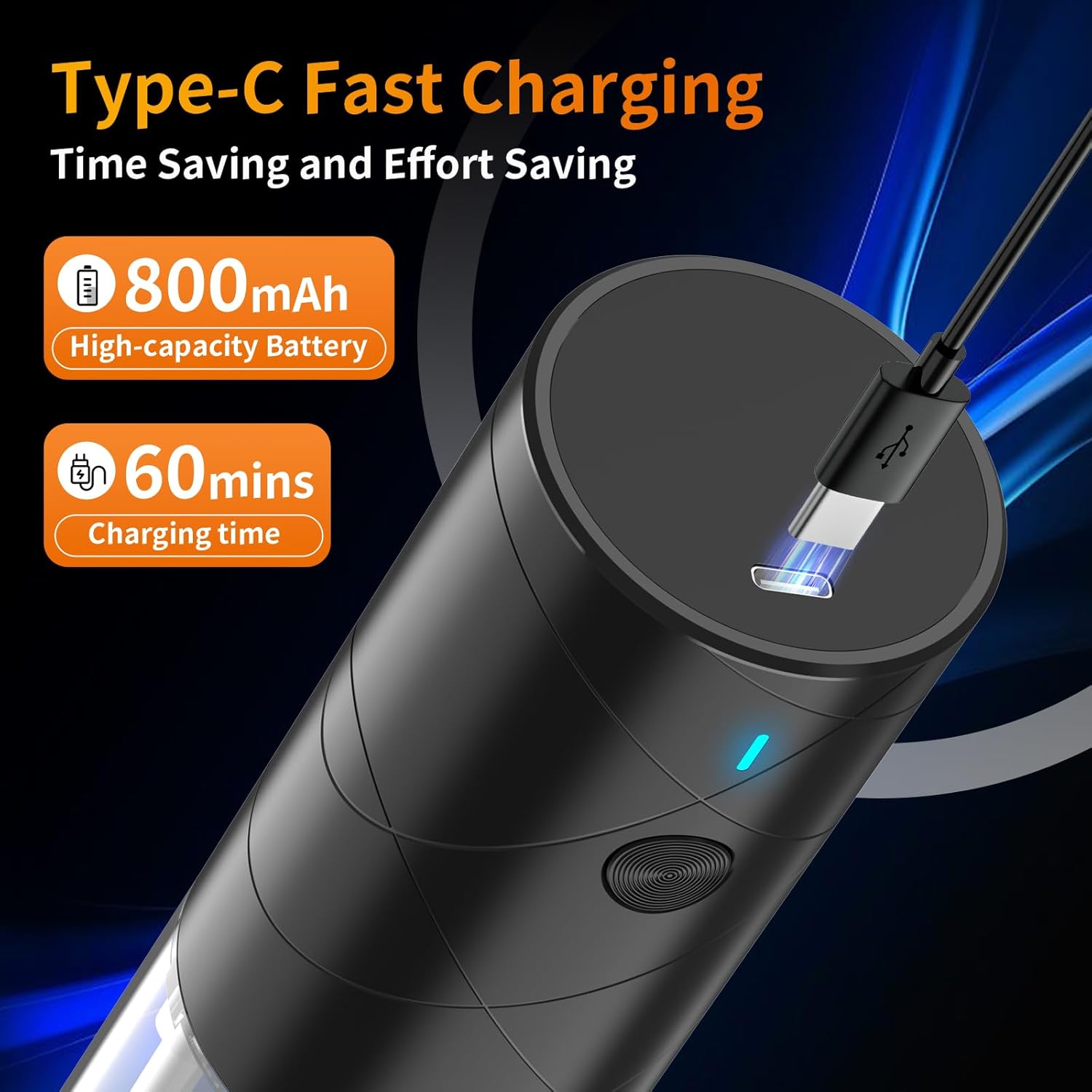 Highlights the product's fast charging capability using Type-C, emphasizing time and effort savings for the user. Provides specific metrics on the product's battery capacity (800mAh) and charging…
