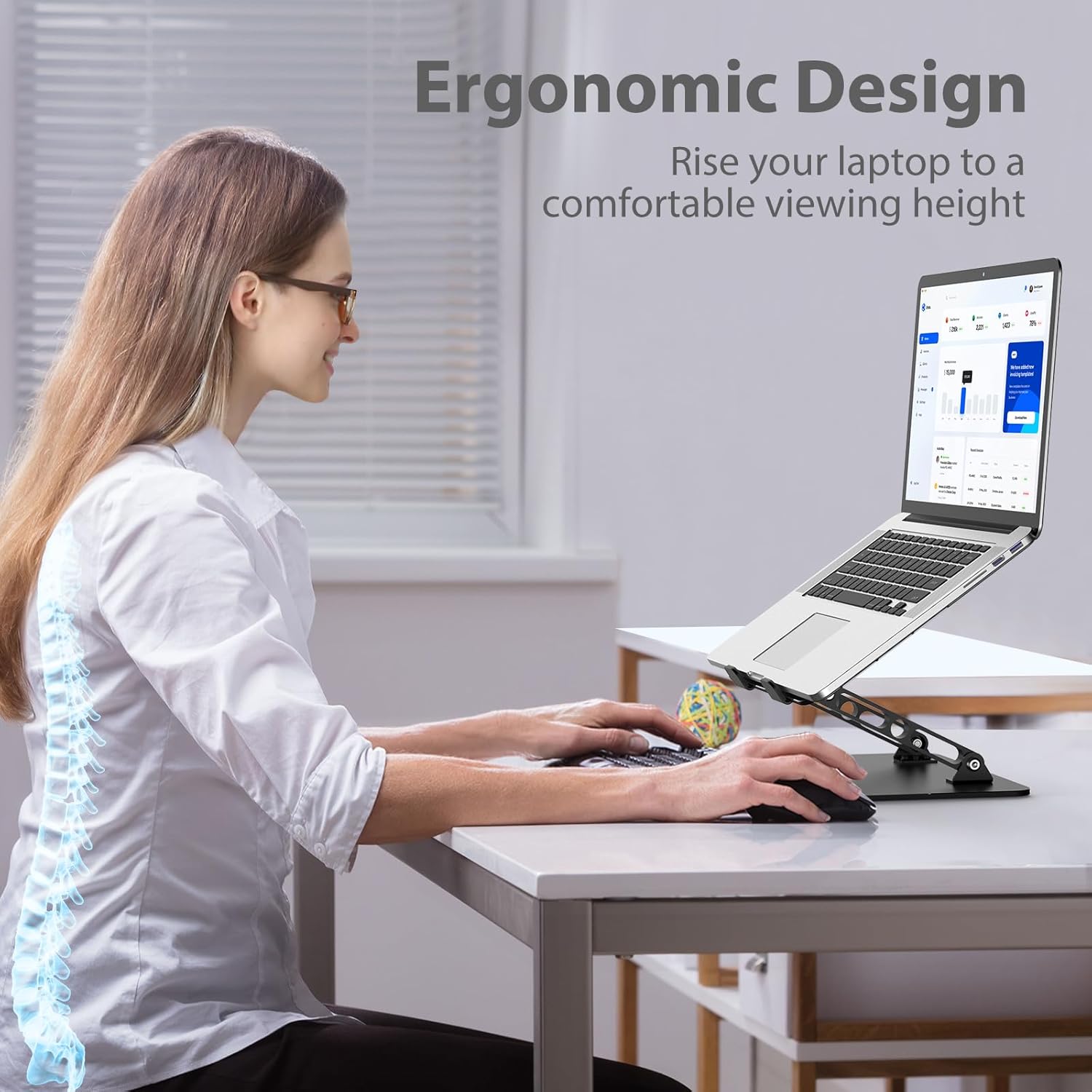 Highlights the ergonomic benefit of raising the laptop to a comfortable viewing height, promoting better posture and reducing neck strain.