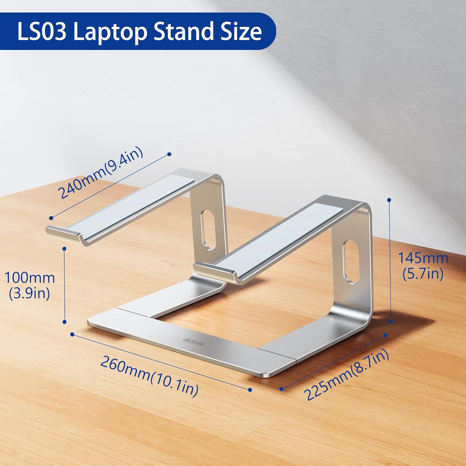 Provides exact measurements of the laptop stand to help customers understand its size and fit for their workspace.