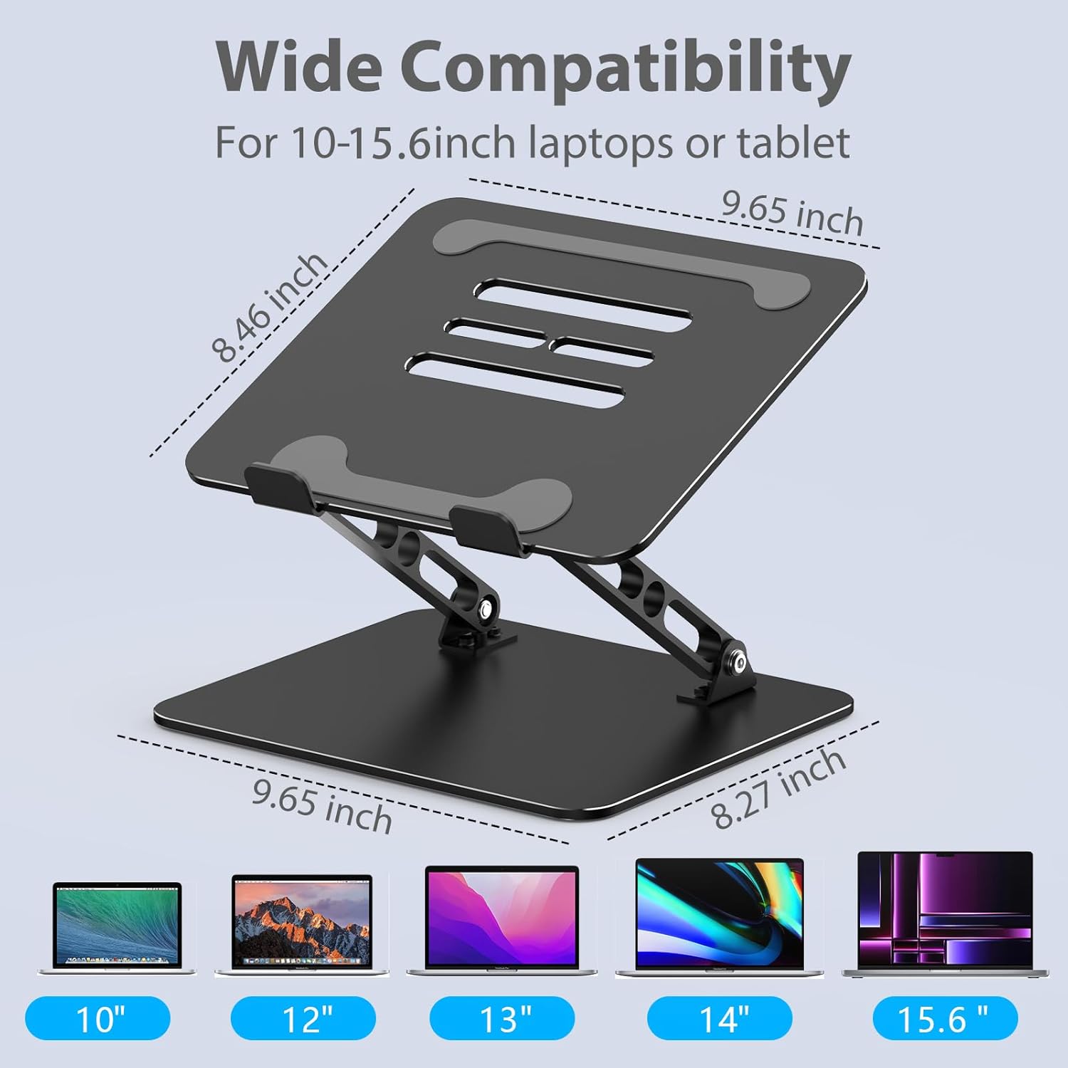 Demonstrates the product's compatibility with a wide range of laptop and tablet sizes, reassuring customers it will work with their devices. Provides precise measurements of the product to help…