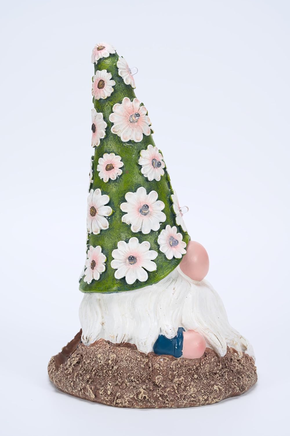 Showcases a decorative garden gnome with a spring-themed floral hat, appealing to customers looking for seasonal outdoor decor.