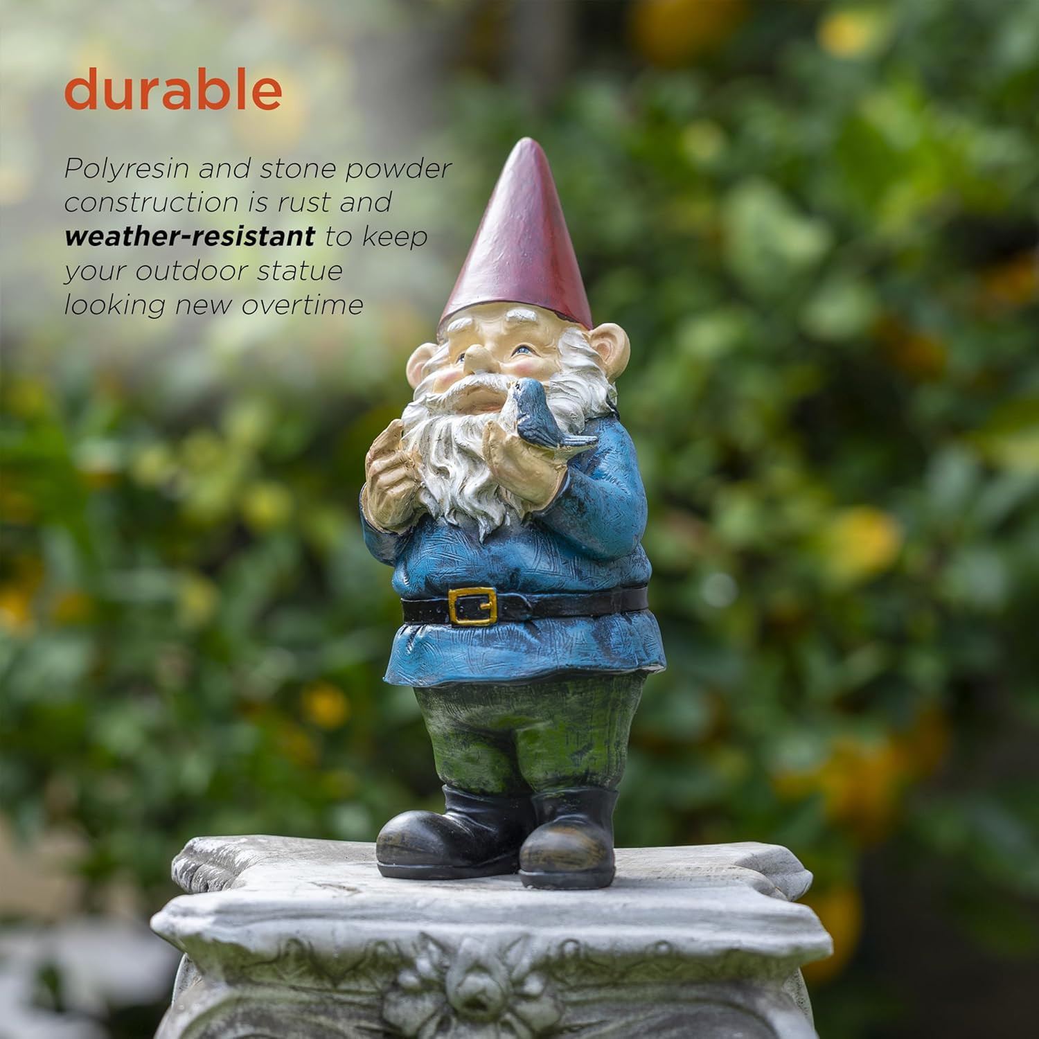 Highlights the product's durability and weather resistance to reassure customers that the garden gnome statue will maintain its appearance over time outdoors.