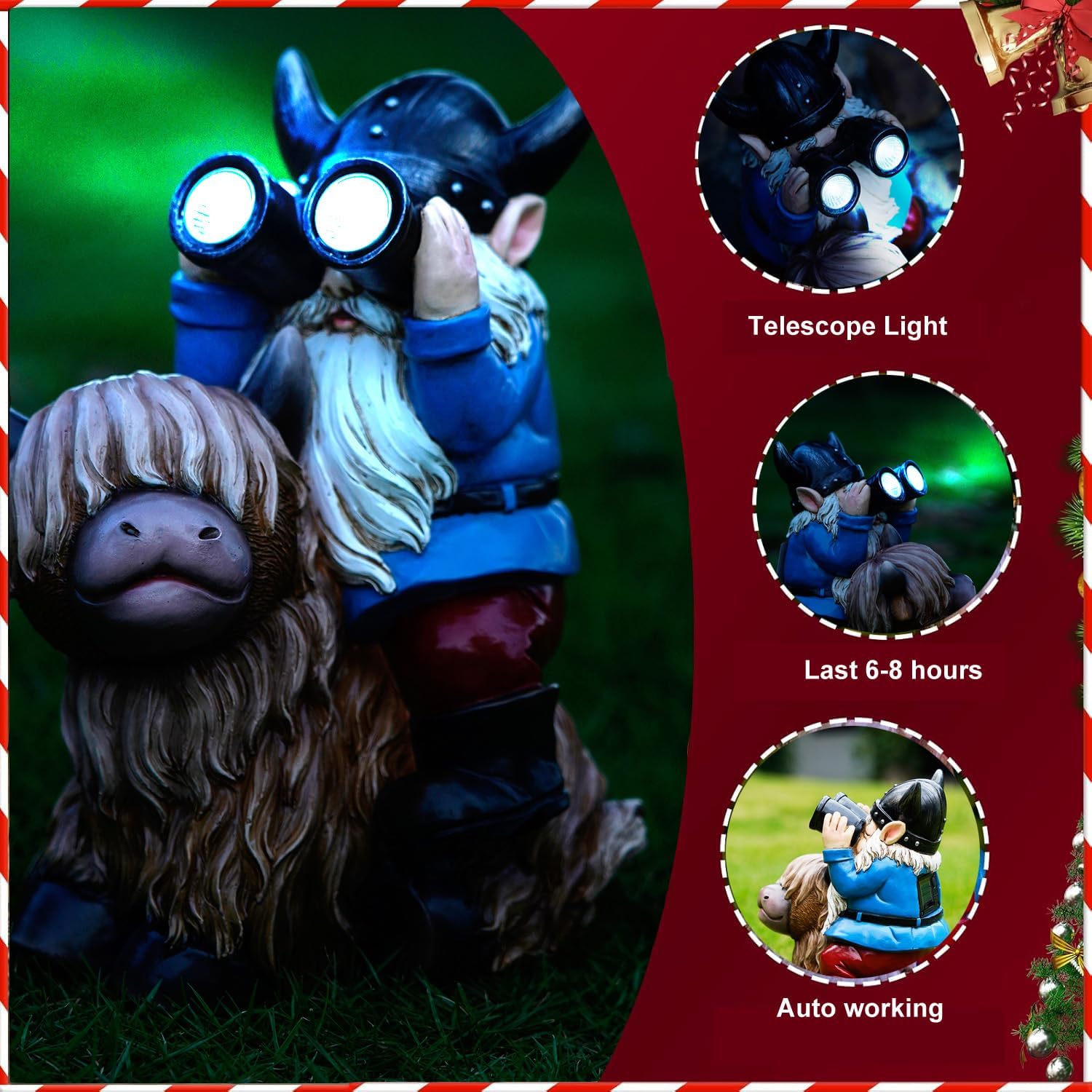 Highlights multiple features of the garden gnome product, including its telescope light function, long-lasting battery, and automatic operation. Positions the product as a festive Christmas…