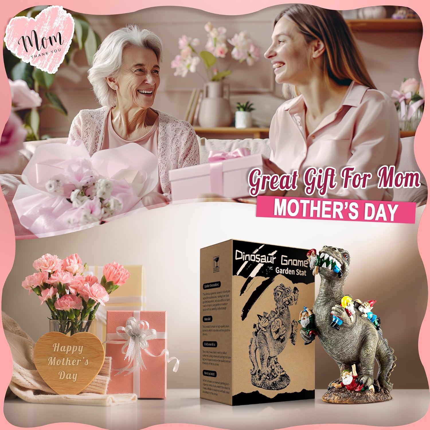 Talks about this garden gnome being a great gift for mothers day. 