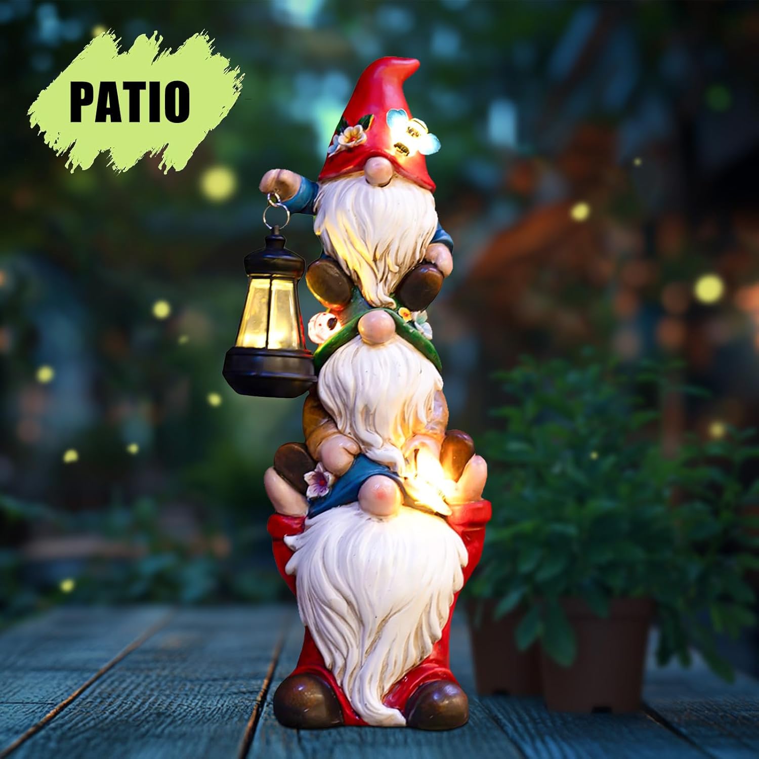Showcases how the gnome figurine can be used as a decorative and functional lighting element for outdoor patios.
