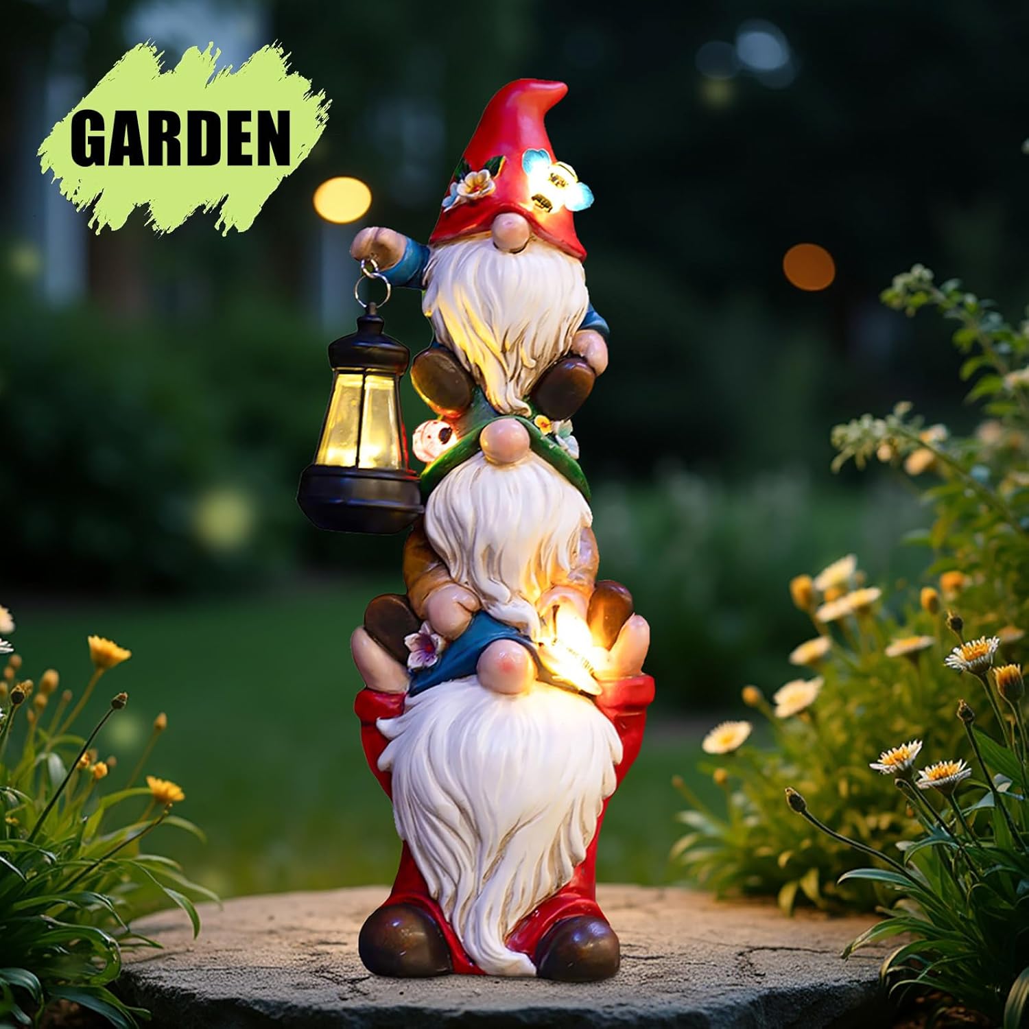 Showcases how the product can be used as a decorative and functional garden ornament, providing ambient lighting and whimsical charm to outdoor spaces.
