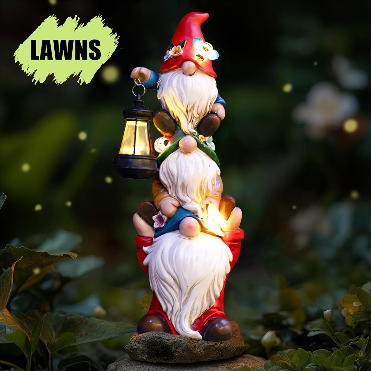 Showcases the product as a decorative garden gnome that also provides outdoor lighting, demonstrating its dual functionality for lawn and garden use.