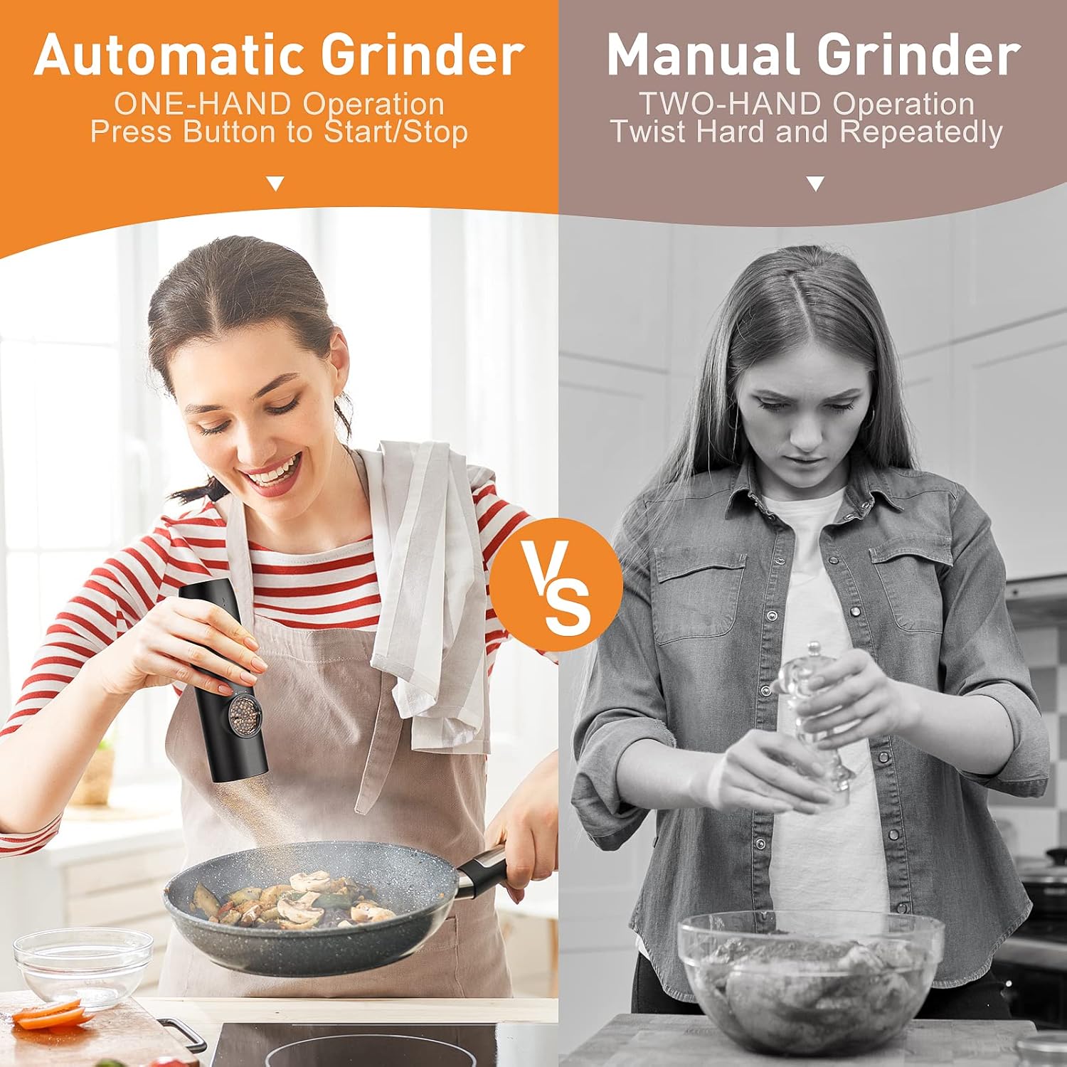 Demonstrates the superior convenience and efficiency of an automatic grinder compared to a manual one, highlighting the one-handed operation and button control.