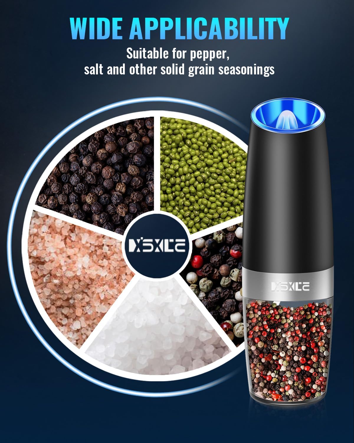 Demonstrates the wide range of seasonings and spices the product can grind, showcasing its versatility in the kitchen.