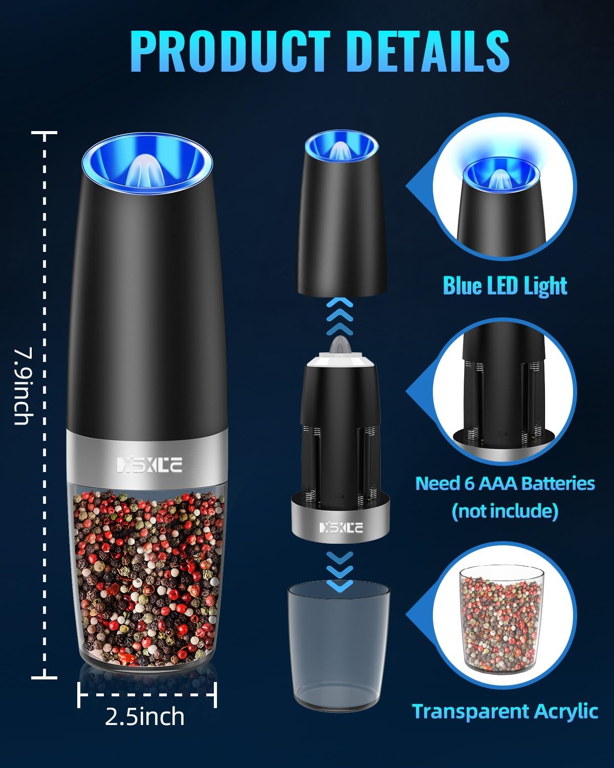 Highlights key features of the electric pepper grinder, showing its components and how it's assembled.