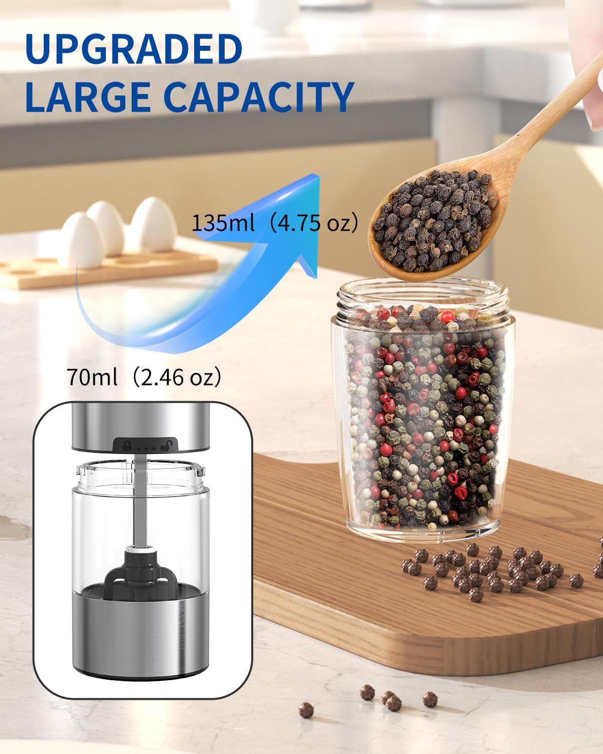 Highlights the upgraded larger capacity of the product compared to a previous version, emphasizing the improvement in volume from 70ml to 135ml.