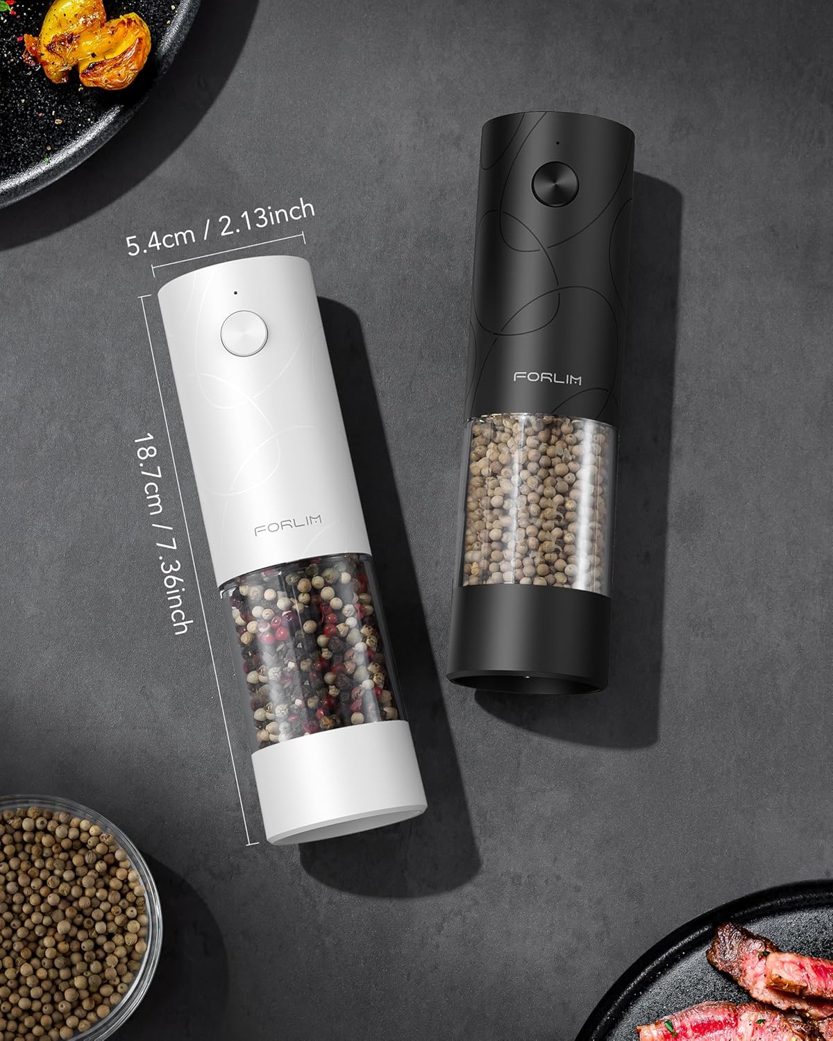 Shows the exact dimensions of the product to emphasize its compact and portable size. Displays the two color variants (white and black) available for the product.