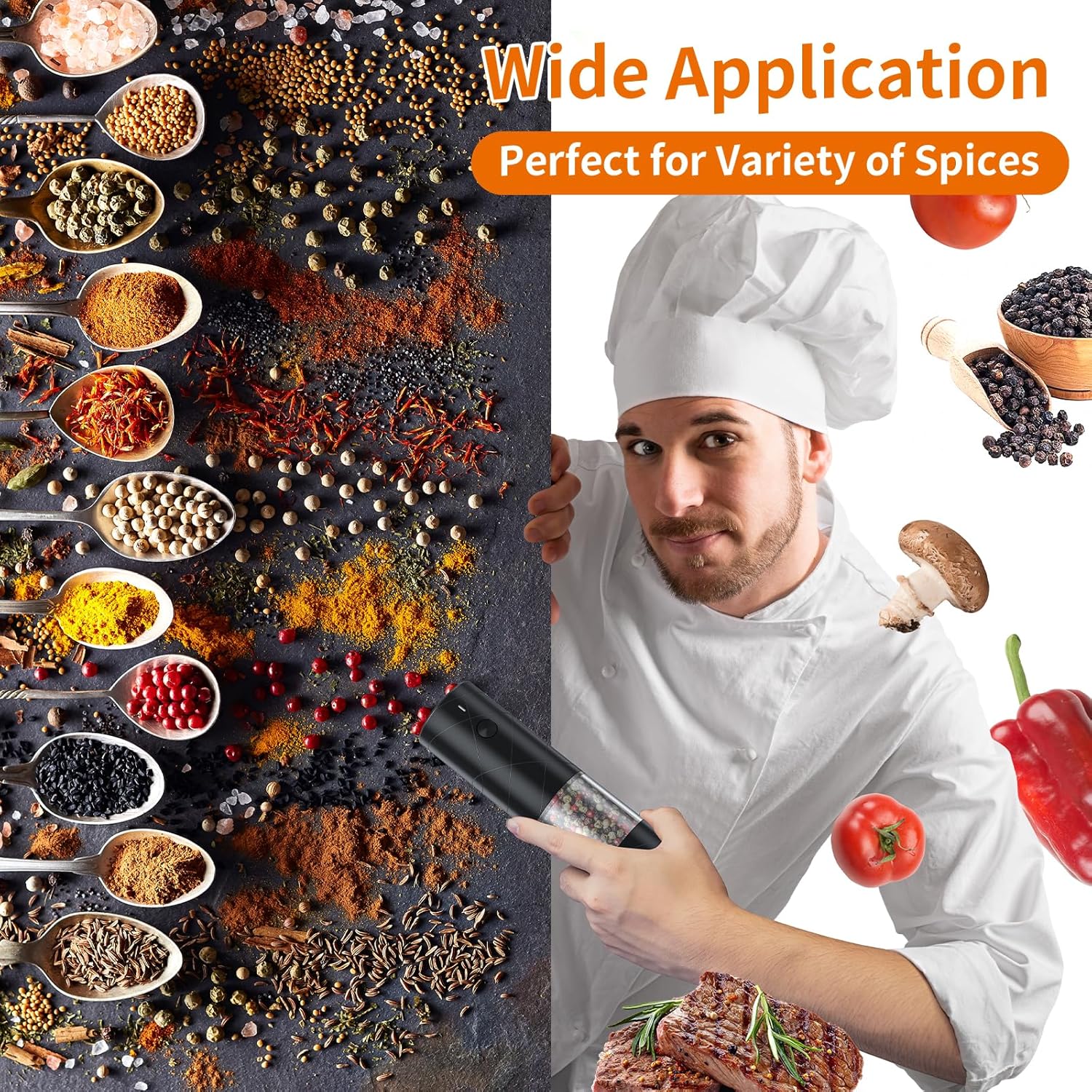 Demonstrates the wide variety of spices and ingredients the product can be used with, showcasing its versatility in cooking.