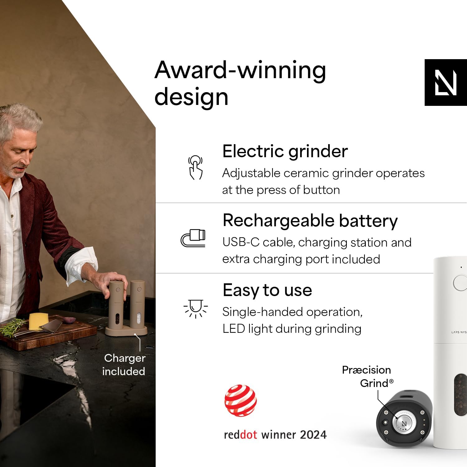 Highlights multiple key features of the product to showcase its functionality, convenience, and award-winning design. Establishes credibility by showcasing the product's Red Dot Design Award,…