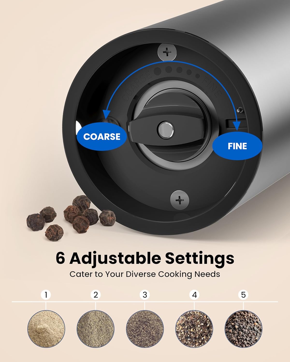 Demonstrates how to use the product's adjustable grind settings, from coarse to fine, to cater to diverse cooking needs. Showcases the product's multiple grind settings and its ability to handle…