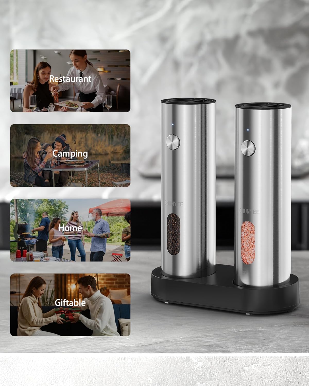 Demonstrates the product's versatility by showing its use in various settings like restaurants, camping, home, and as a gift.