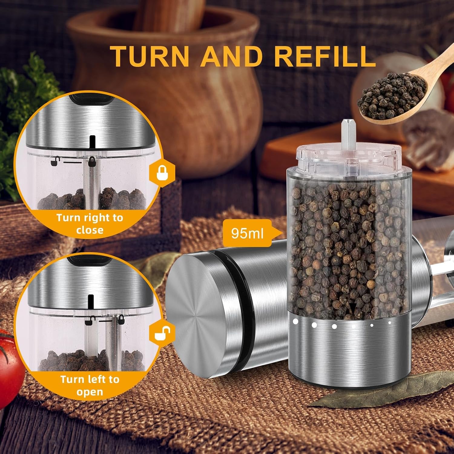 Demonstrates the easy refill process and secure closing mechanism of the pepper grinder, highlighting its user-friendly design.