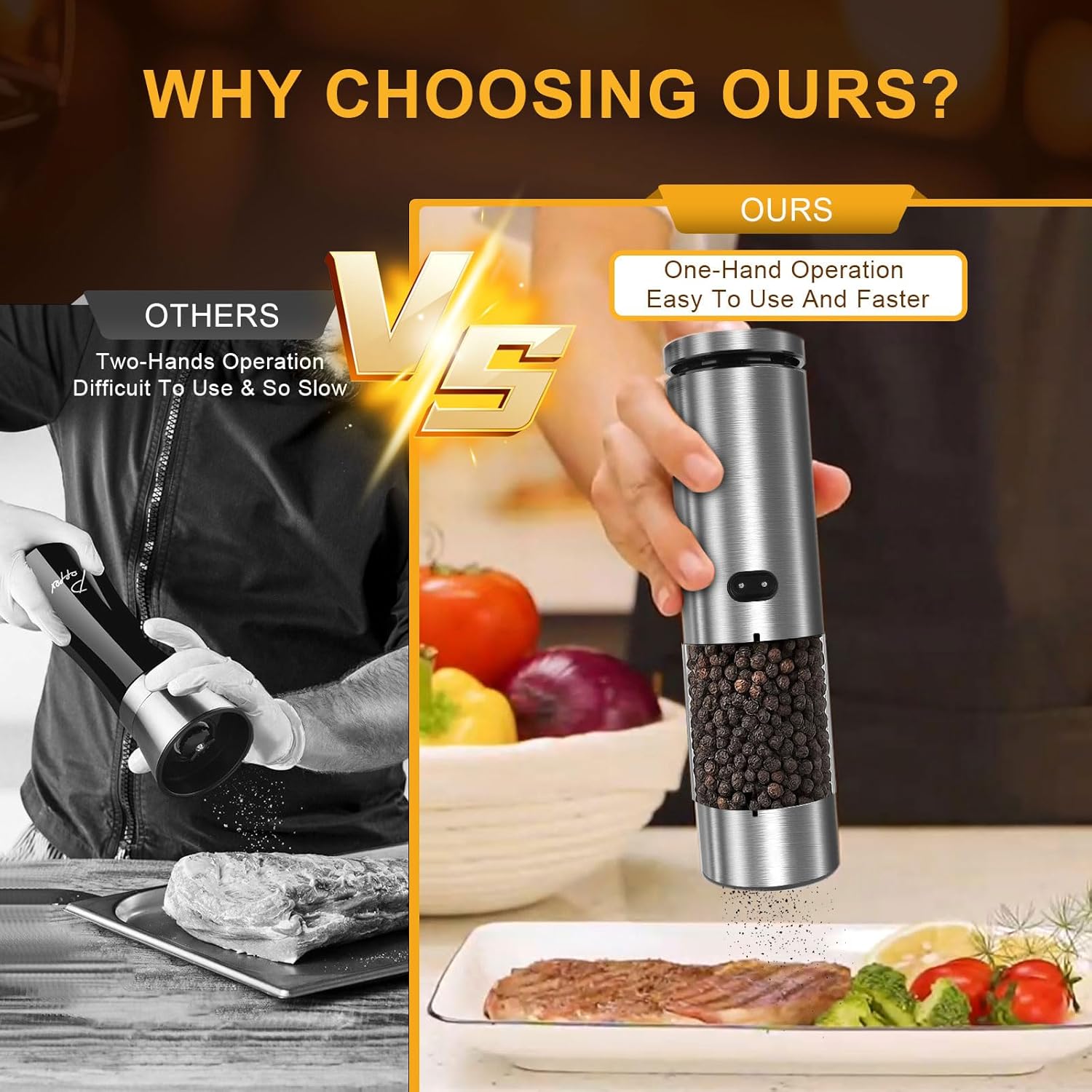 Demonstrates the superiority of the product's one-handed operation compared to competitors' two-handed designs, emphasizing ease and speed of use.