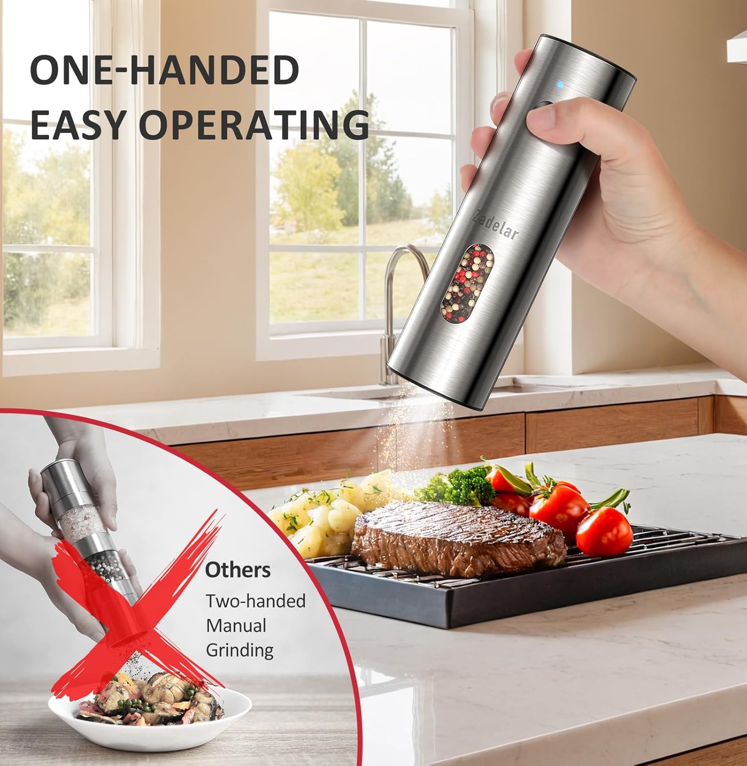 Highlights the ease of use by demonstrating one-handed operation of the electric pepper grinder, contrasting it with traditional manual grinders.