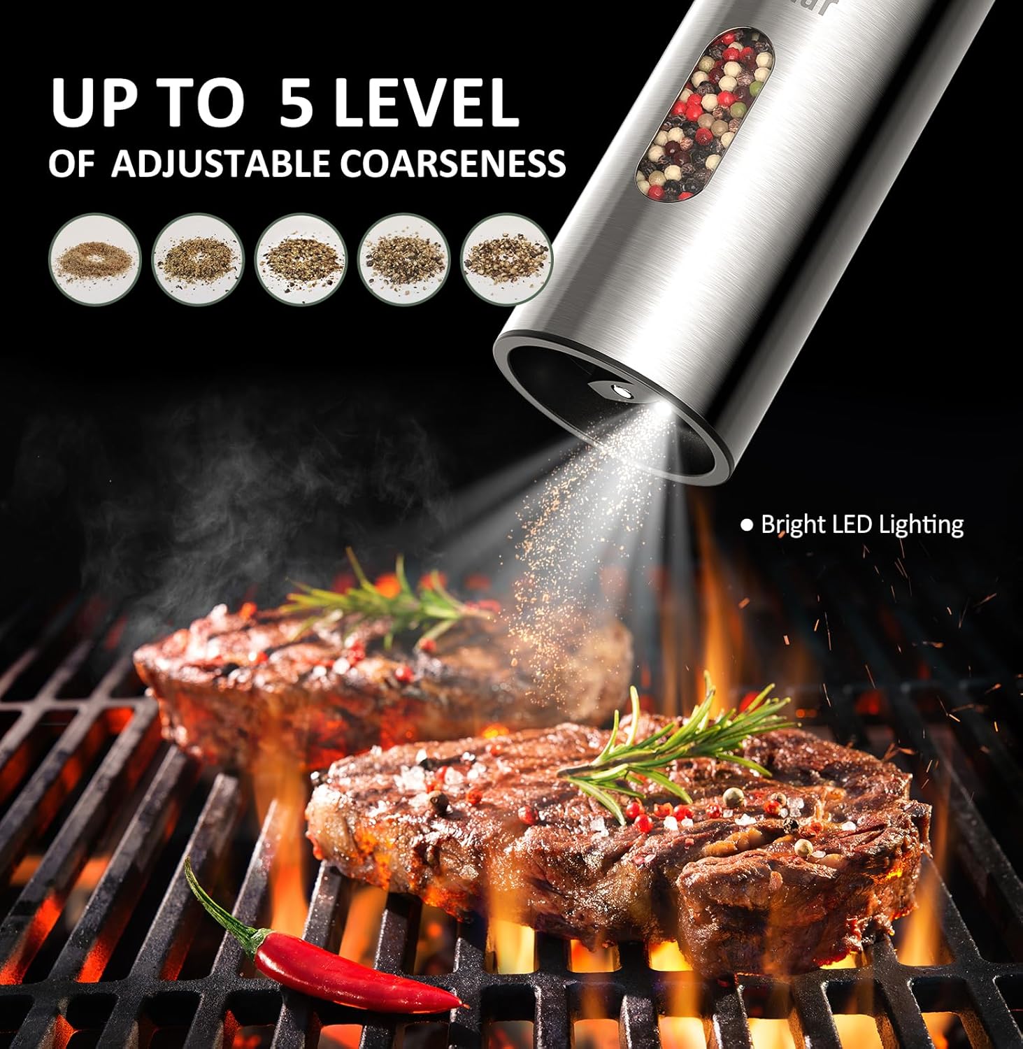 Showcases the product's adjustable grinding levels and built-in LED light feature to highlight its versatility and ease of use.