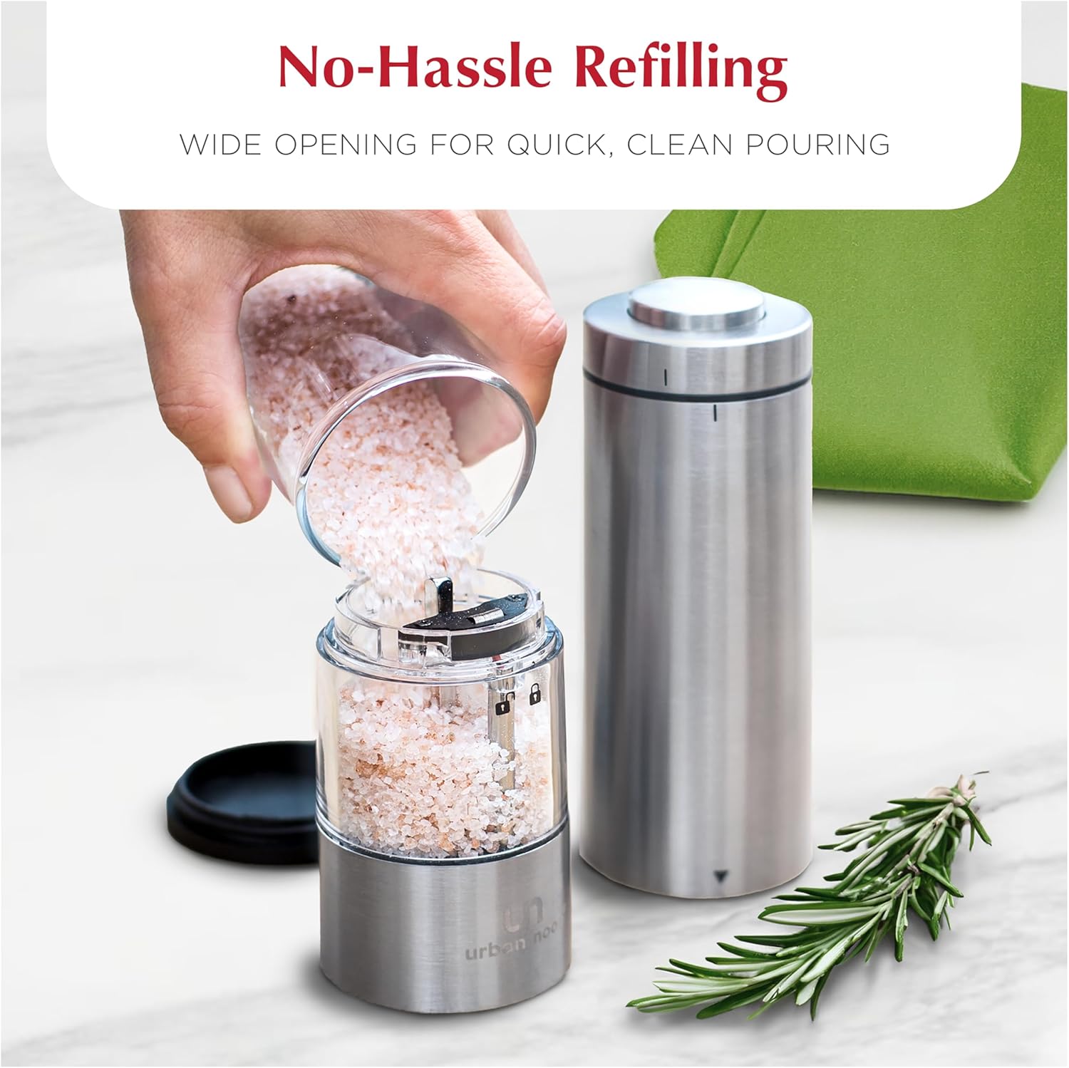 Demonstrates the product's wide opening for quick and clean refilling, emphasizing convenience and ease of use.