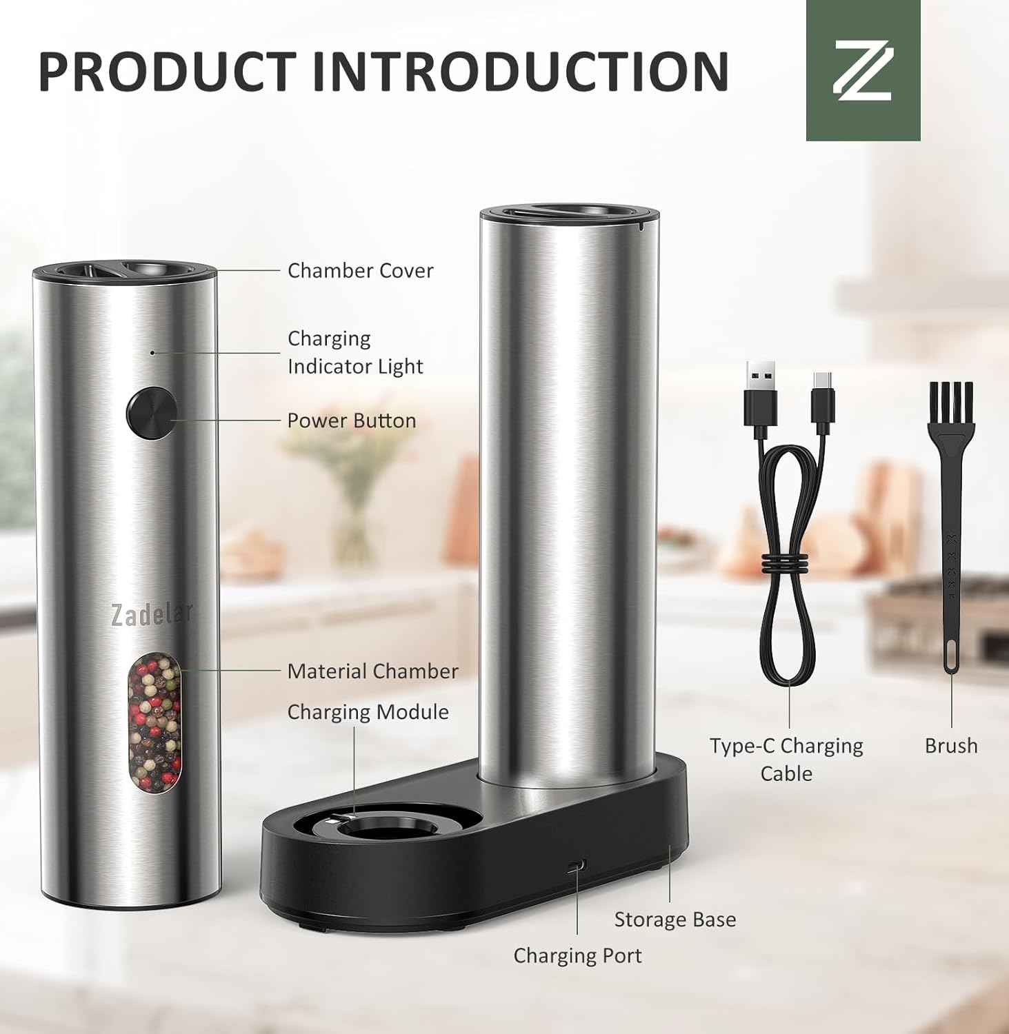 Introduces the key parts and features of the electric pepper grinder to help customers understand its functionality and design.