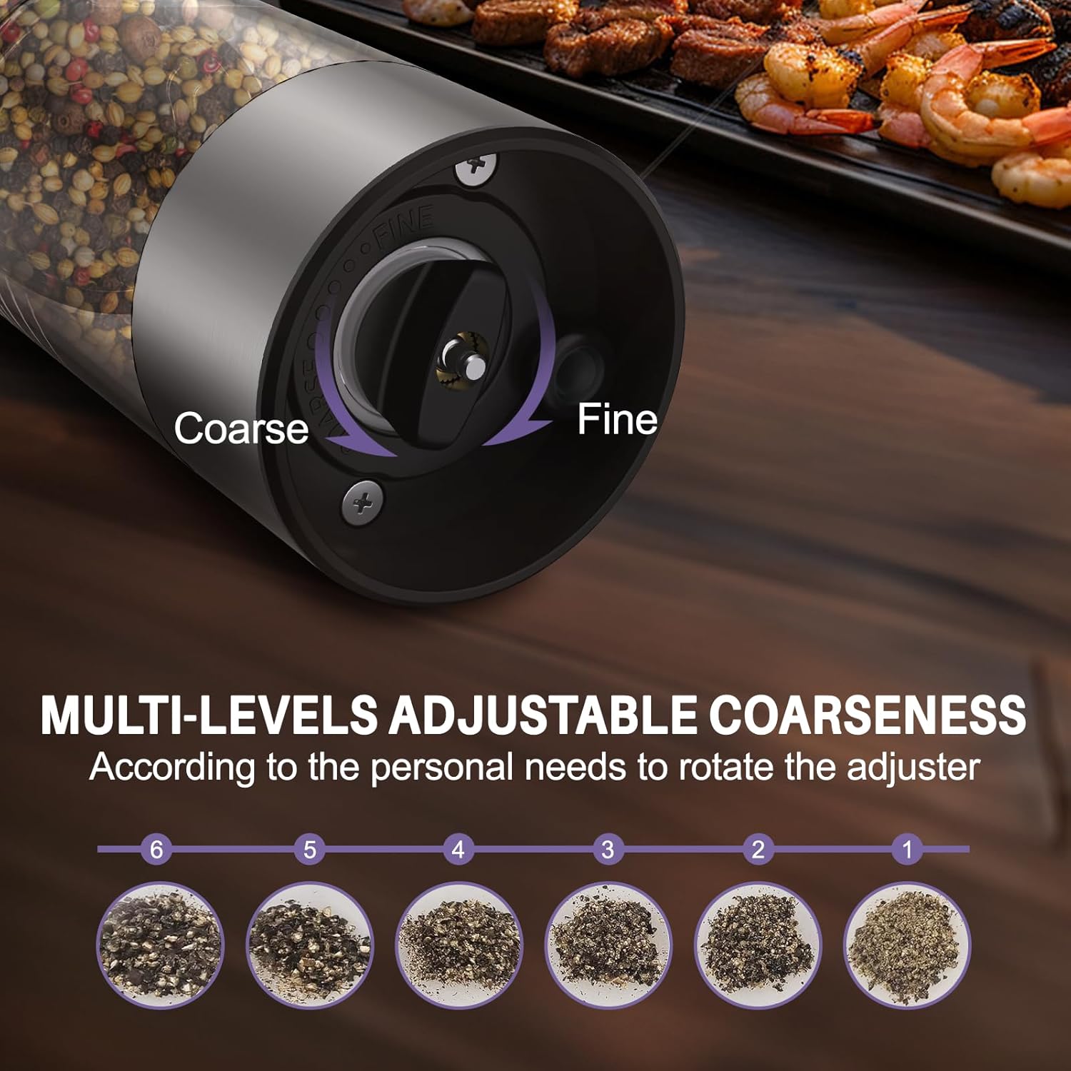 Highlights the product's ability to adjust grinding coarseness to suit personal preferences, demonstrating versatility and customization.