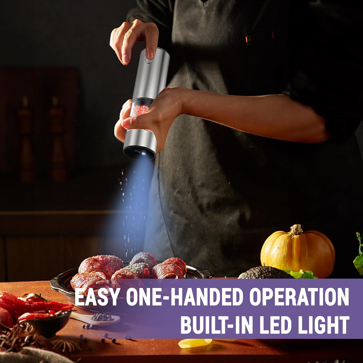 Demonstrates the ease of use and convenience of the product's one-handed operation and built-in LED light feature.