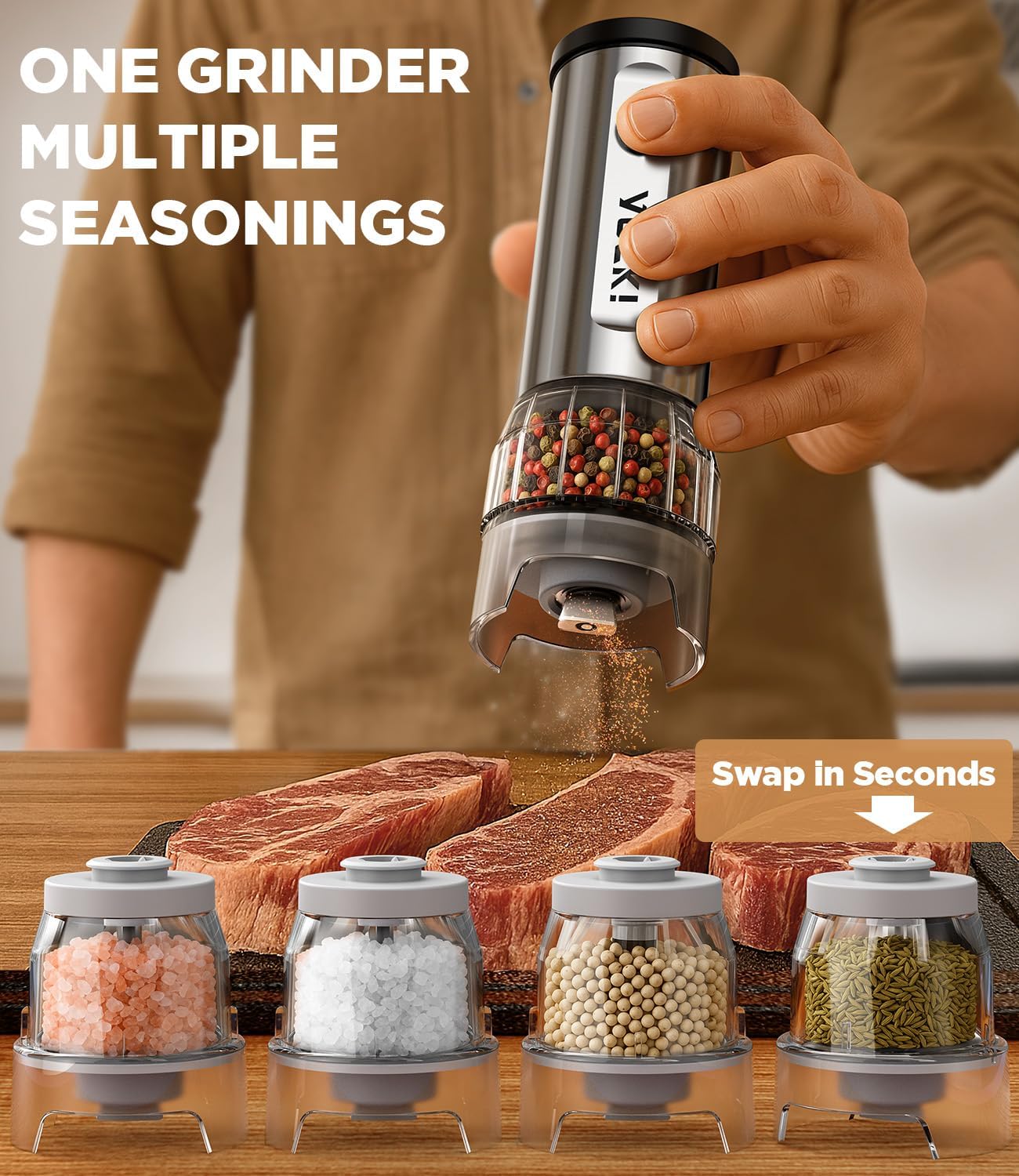 Secondary Images for Electric Salt and Pepper Grinder Set: 1 Grinder + 2 100ml Replaceable Jars