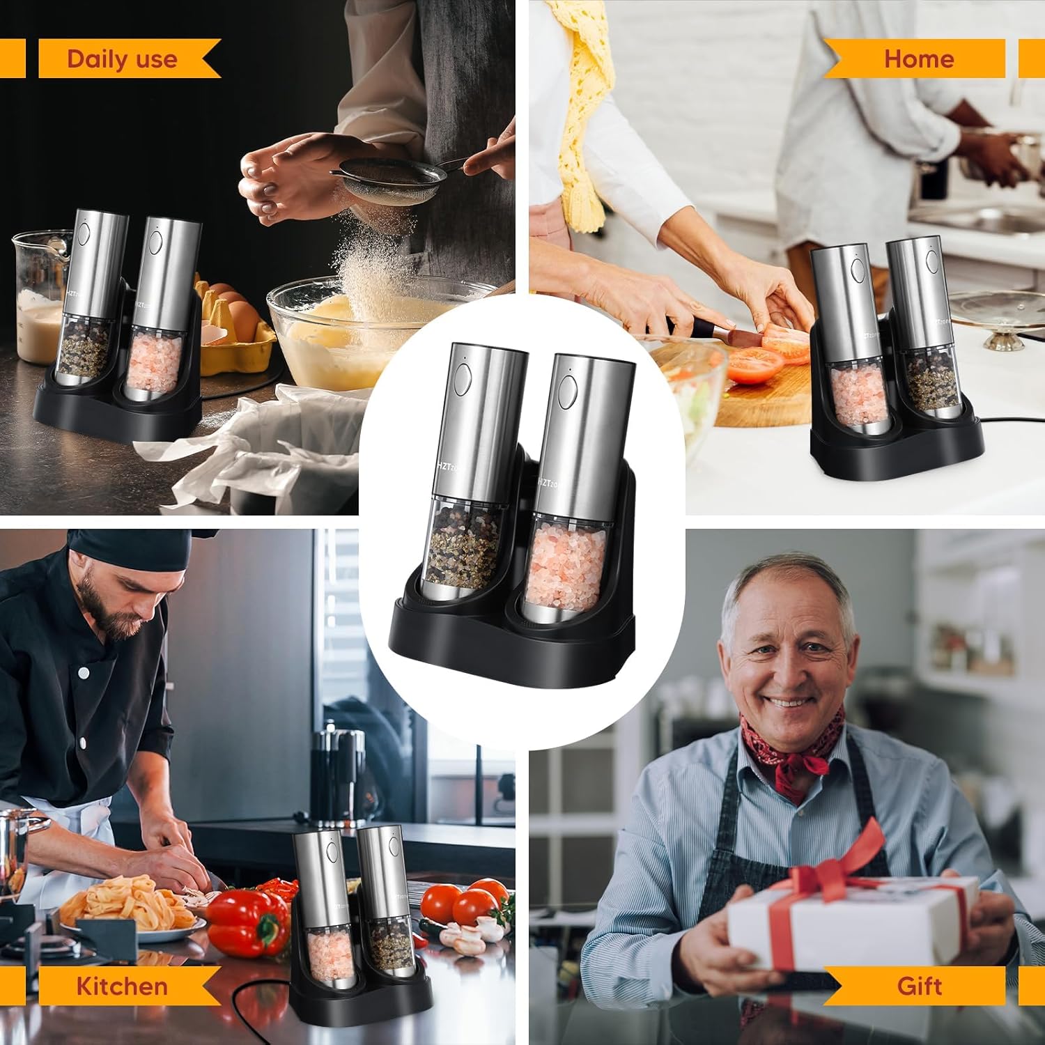Demonstrates the versatility of the product by showing its use in various settings and scenarios, from everyday cooking to professional kitchens and as a gift.