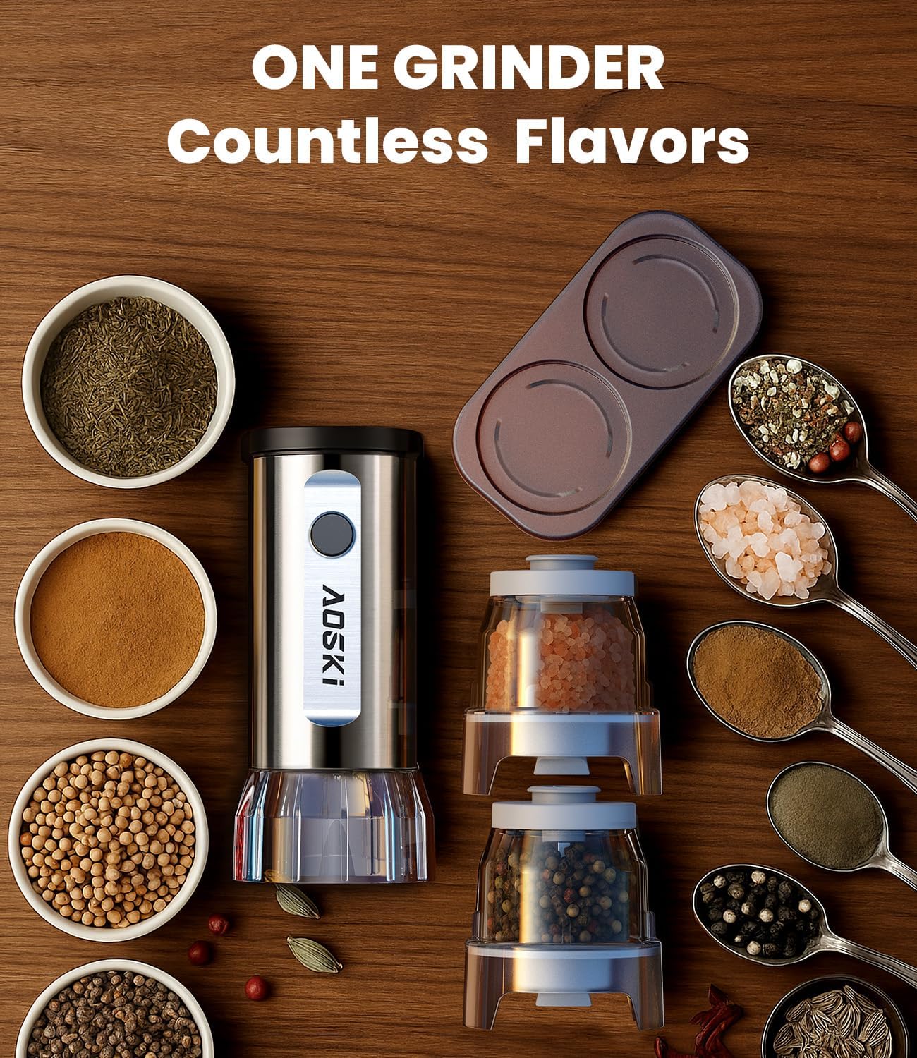 Demonstrates the grinder's ability to process a wide variety of spices and seasonings, showcasing its versatility in the kitchen.