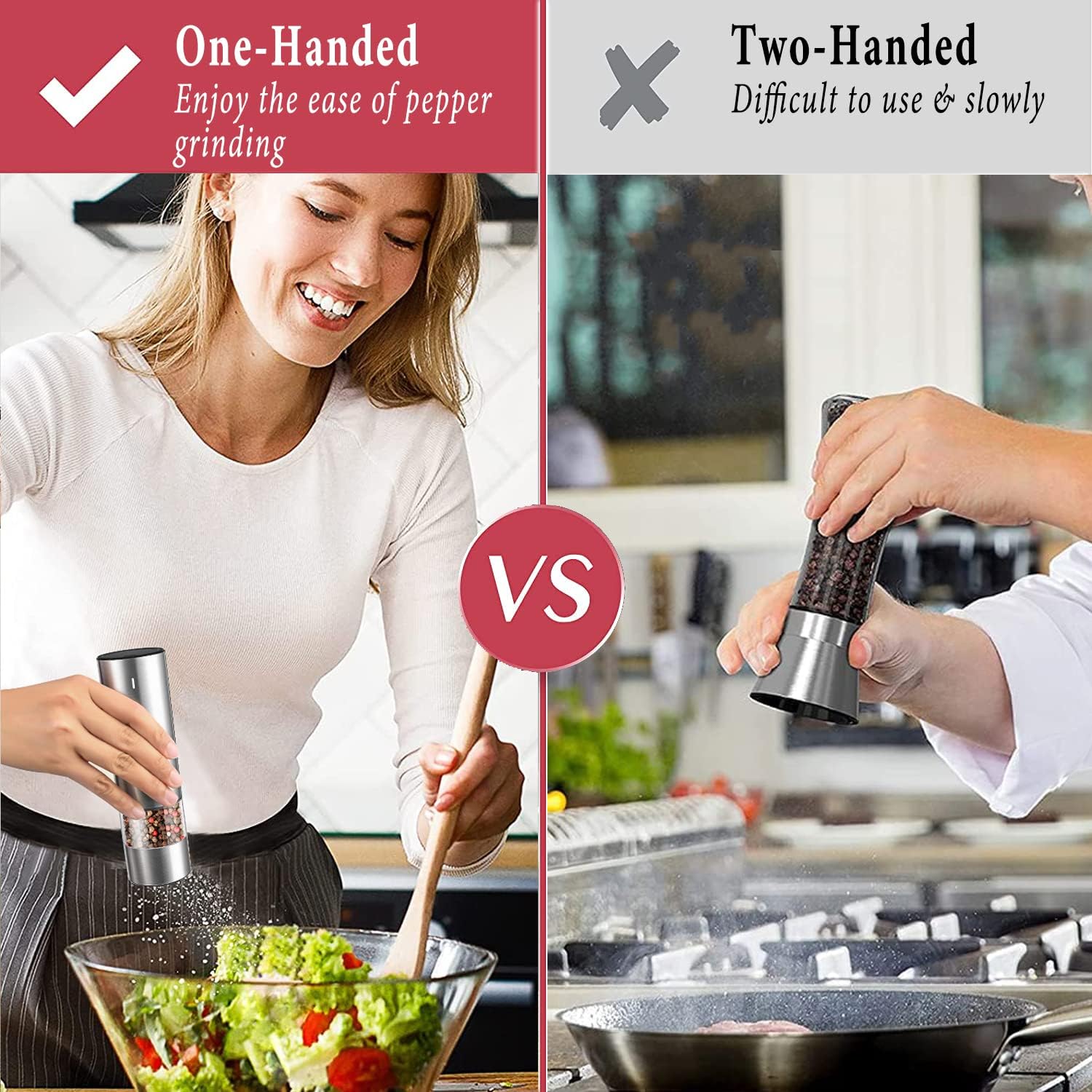 Demonstrates the superiority of the one-handed pepper grinder by contrasting its ease of use with the difficulty of traditional two-handed grinders.