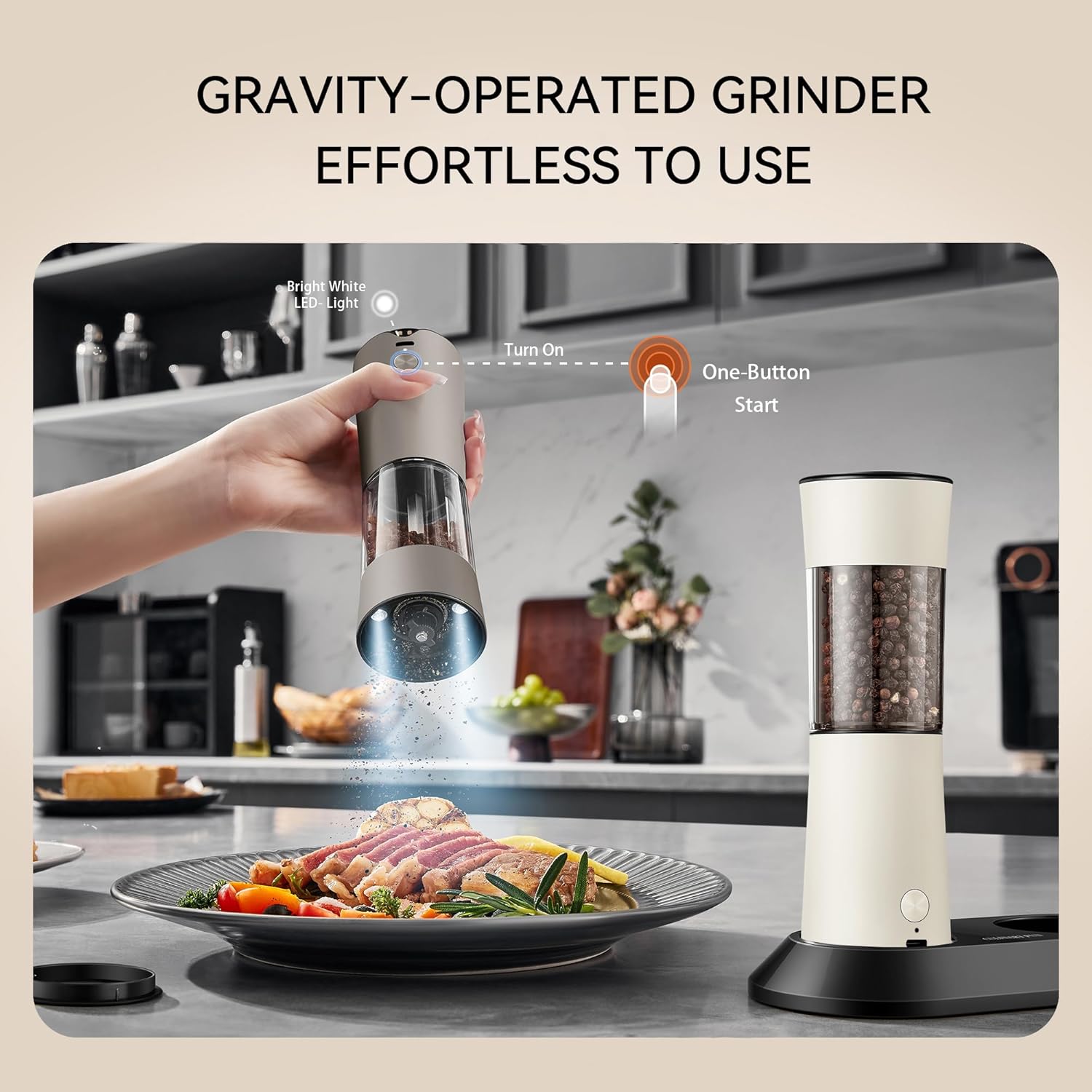Highlights the gravity-operated, one-button start feature to show how easy the grinder is to use. Demonstrates the simple steps to use the grinder, including the LED light and one-button operation.