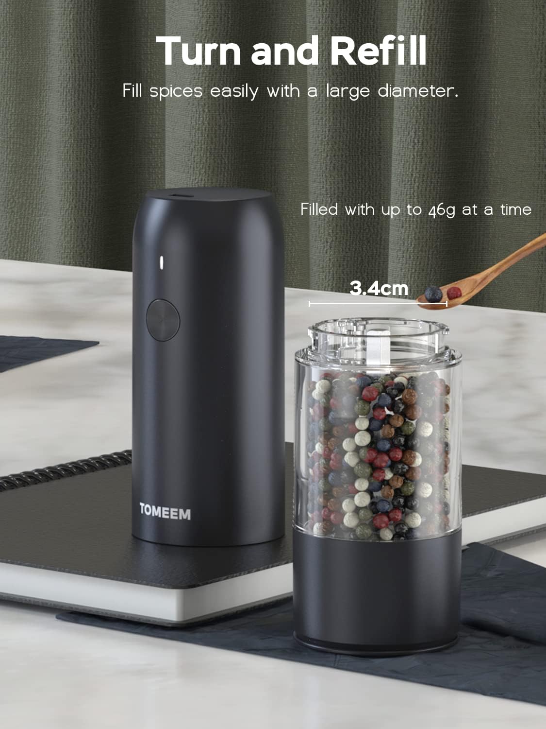 Highlights the product's large diameter opening for easy refilling of spices, emphasizing convenience for the user.