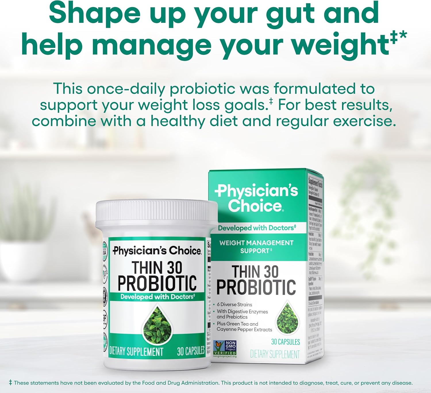 Highlights the product's ability to support gut health and weight management through probiotic supplementation.