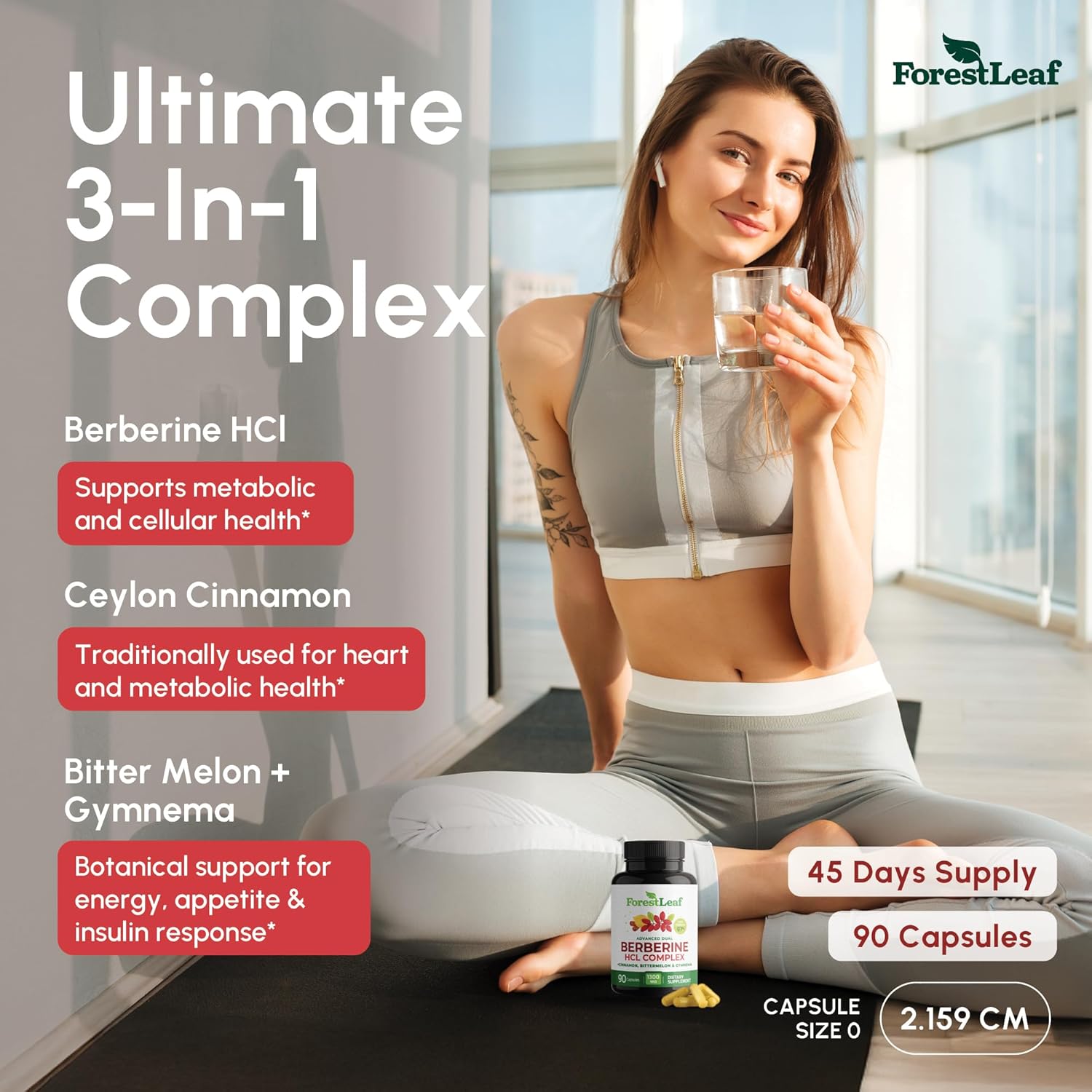 Highlights the three main benefits of the supplement complex to show its versatility and comprehensive health support. Depicts a fit, healthy woman to associate the product with an active,…