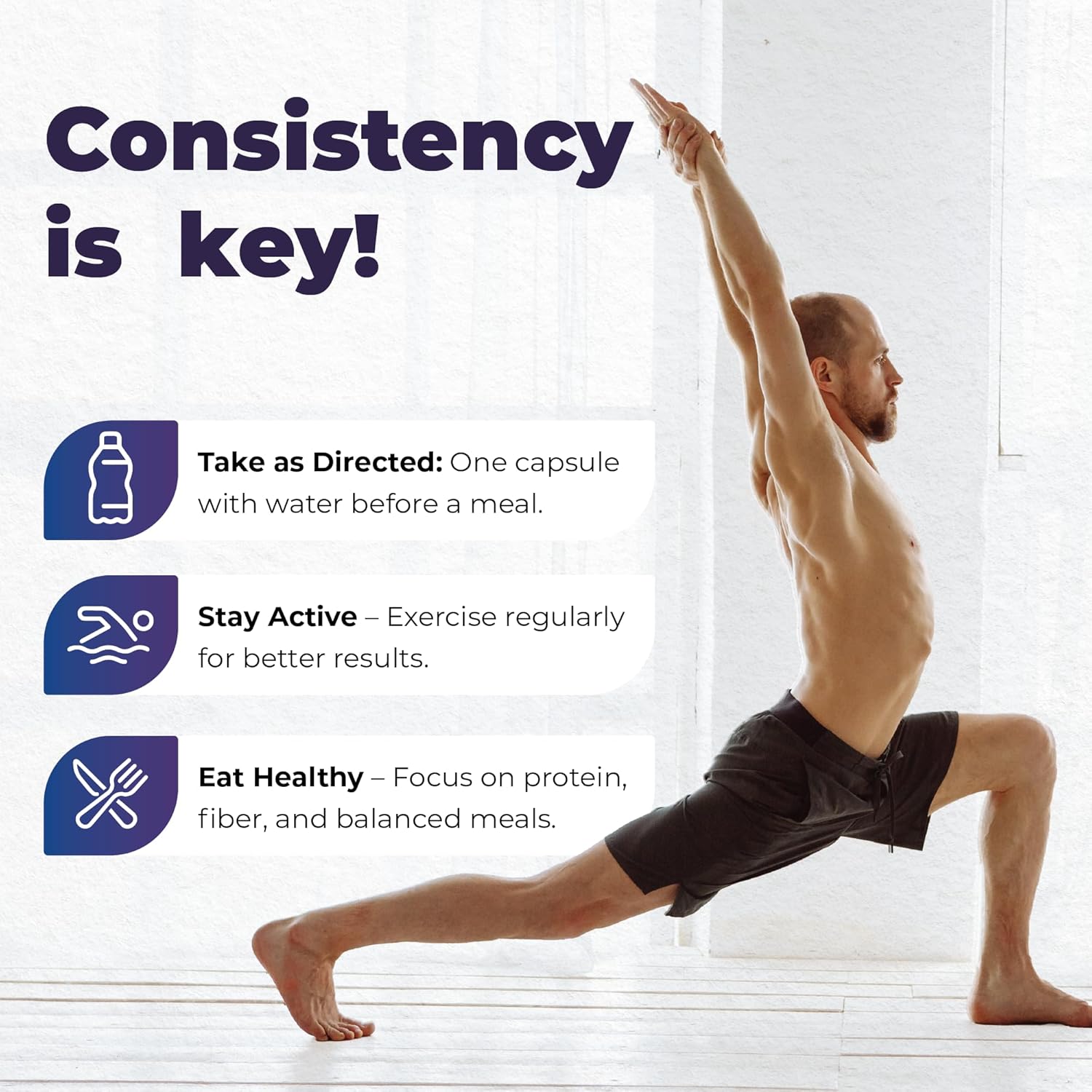 Emphasizes the importance of consistency in taking the product, exercising, and eating healthy for optimal results. Provides clear instructions on how to take the product and what lifestyle habits…