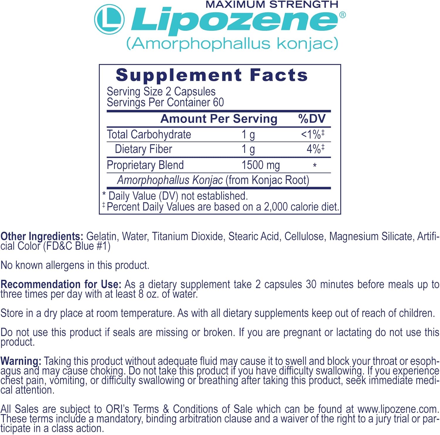 Provides detailed nutritional information and usage instructions for the Lipozene dietary supplement.