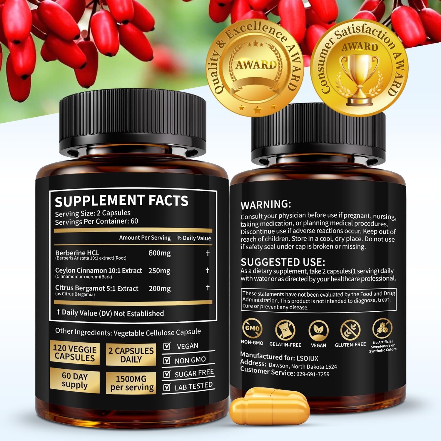 Highlights key product information including ingredients, dosage, and certifications to inform potential buyers about the supplement's contents and quality. Displays award badges to build…