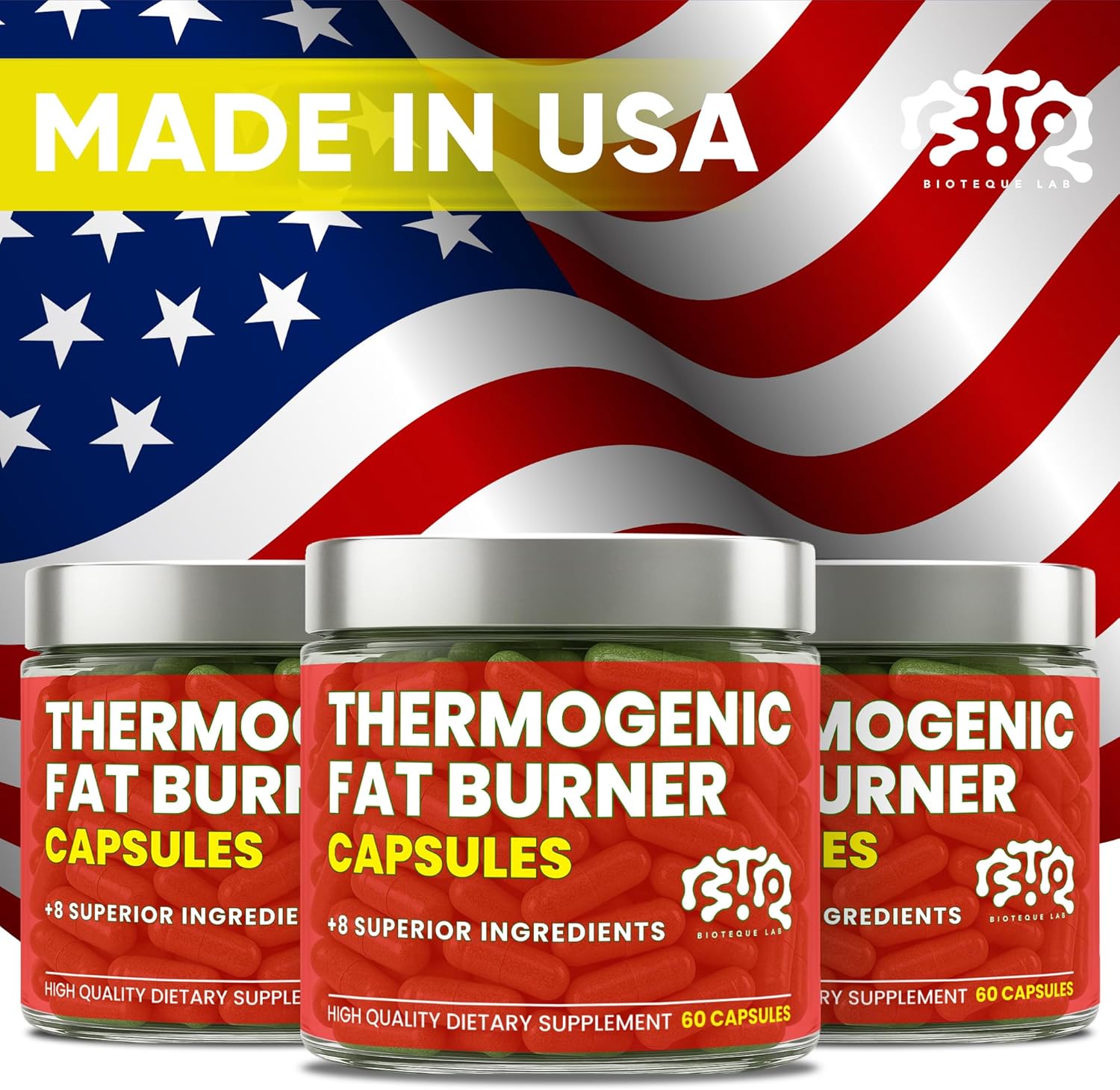 Emphasizes that the product is manufactured in the United States, appealing to patriotic sentiments and perceptions of quality. Shows that the customer receives multiple bottles of the thermogenic…