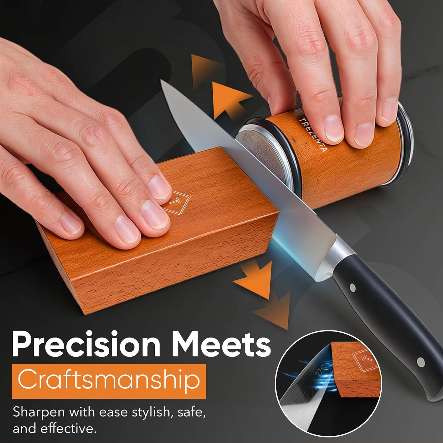 Demonstrates the proper technique for using the product to sharpen knives, emphasizing precision and ease of use. Highlights the product's ability to provide…