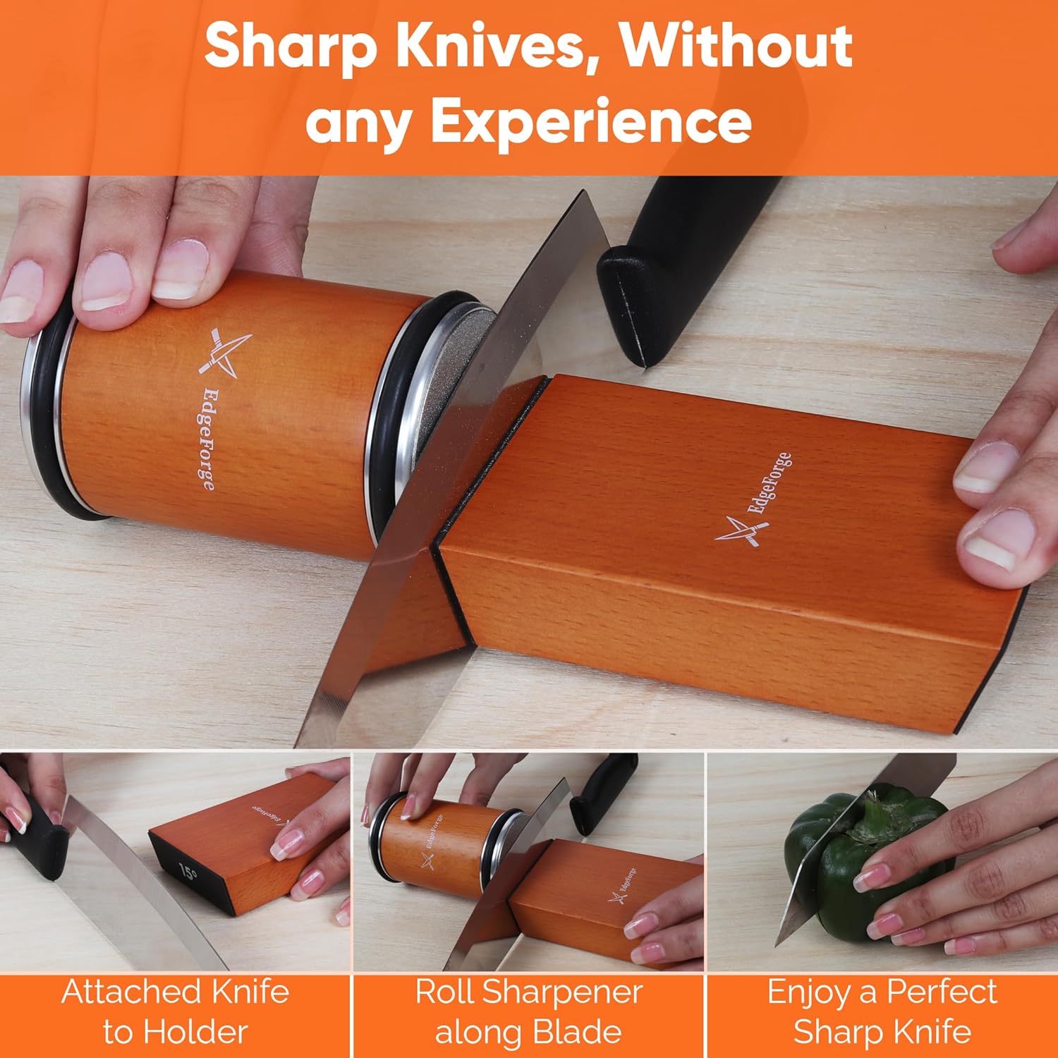Demonstrates the easy process of sharpening knives using the product, emphasizing that no experience is required. Highlights the product's main benefit of…