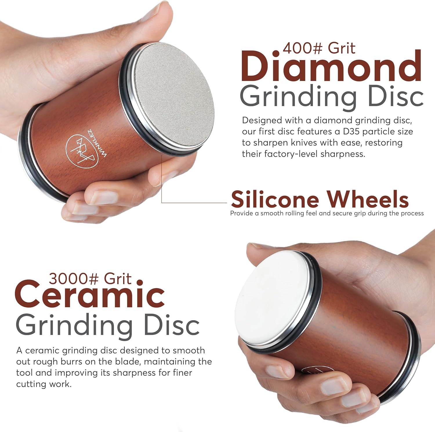 Highlights multiple features of the knife sharpener, including different grinding discs and silicone wheels, to showcase its versatility and effectiveness in…