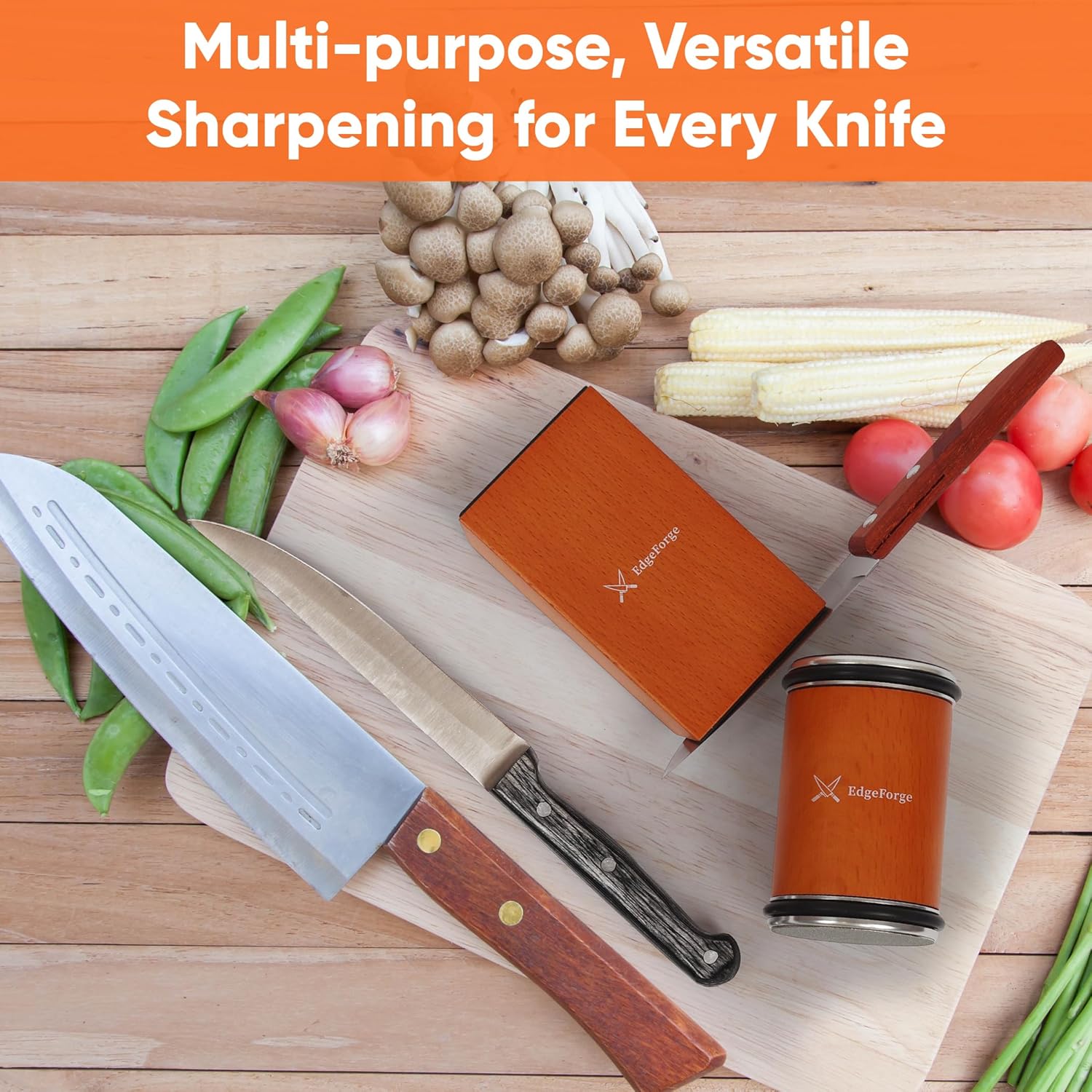 Demonstrates the versatility of the knife sharpener by showing various types of knives it can sharpen, alongside cooking ingredients to reinforce its kitchen…