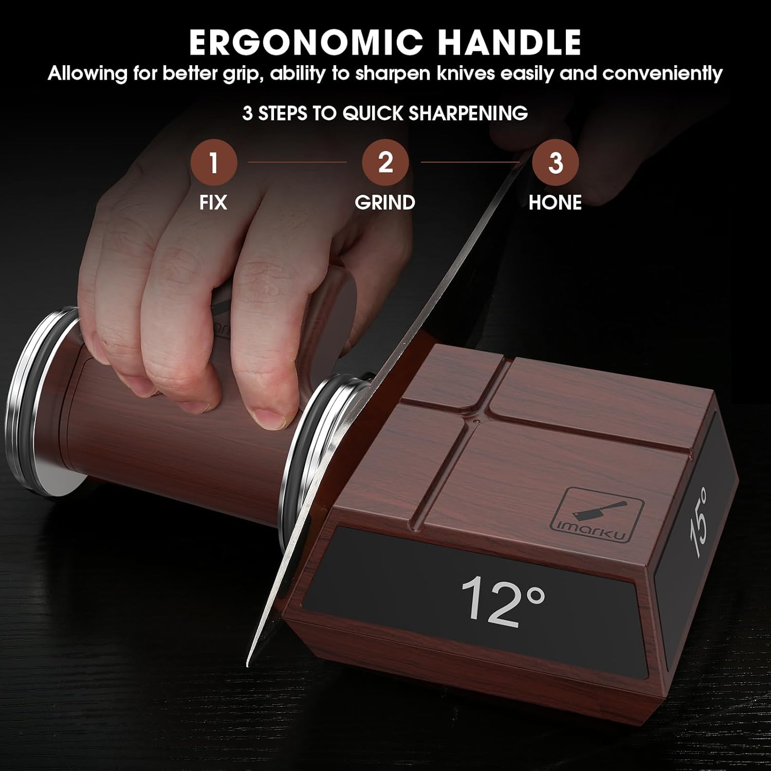 Demonstrates the 3-step process for sharpening knives using the product, highlighting its ease of use and ergonomic design. Emphasizes the ergonomic handle…