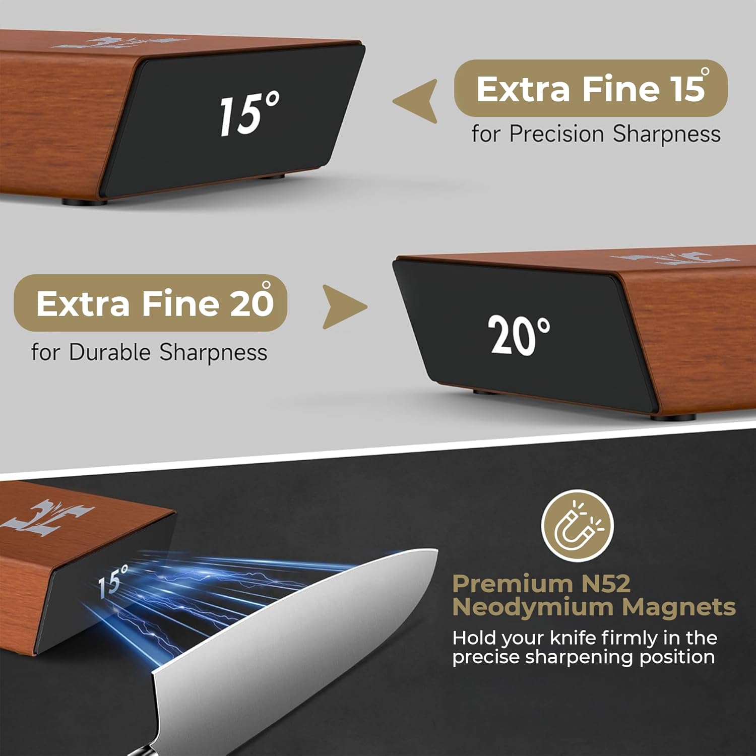Highlights multiple features of the knife sharpener, including different angle options for precision and durability, as well as the magnetic knife holding…