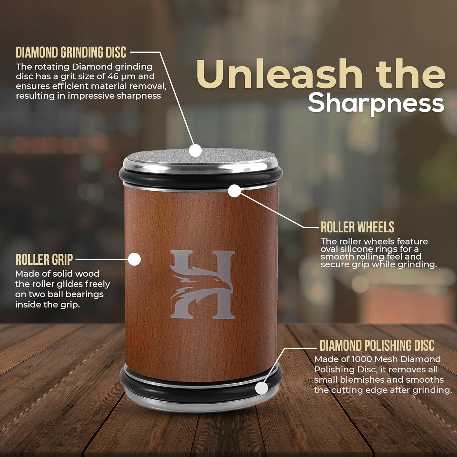 Highlights the key components and features of the knife sharpener, explaining how each part contributes to its effectiveness.