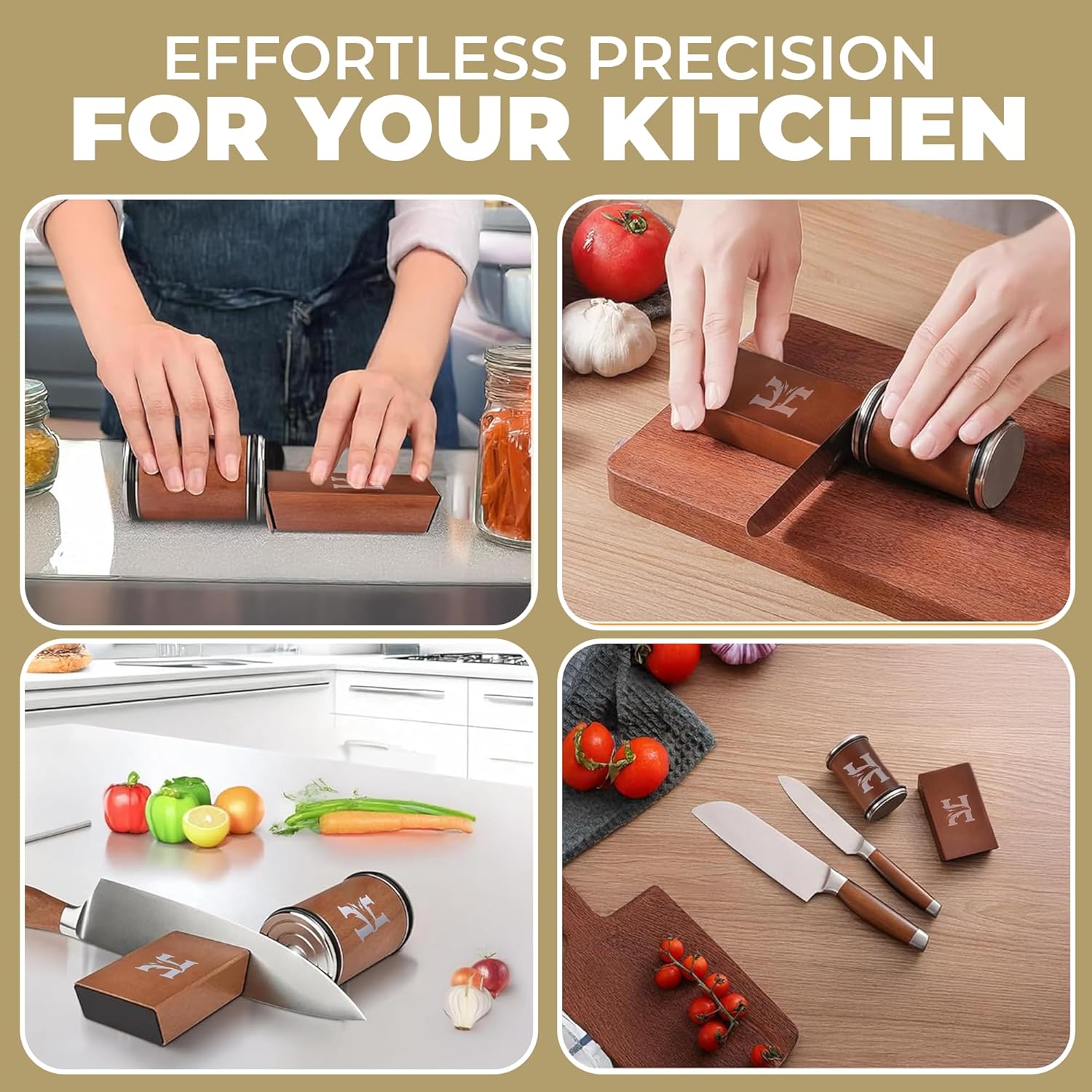 Demonstrates multiple uses and benefits of the knife sharpener in various kitchen scenarios, emphasizing its precision and versatility.